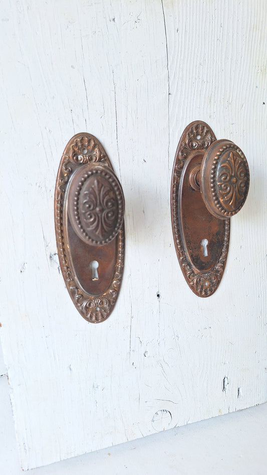 Antique Steel Door Hardware Set, 1900s Ornate Doorknob and Plates Set