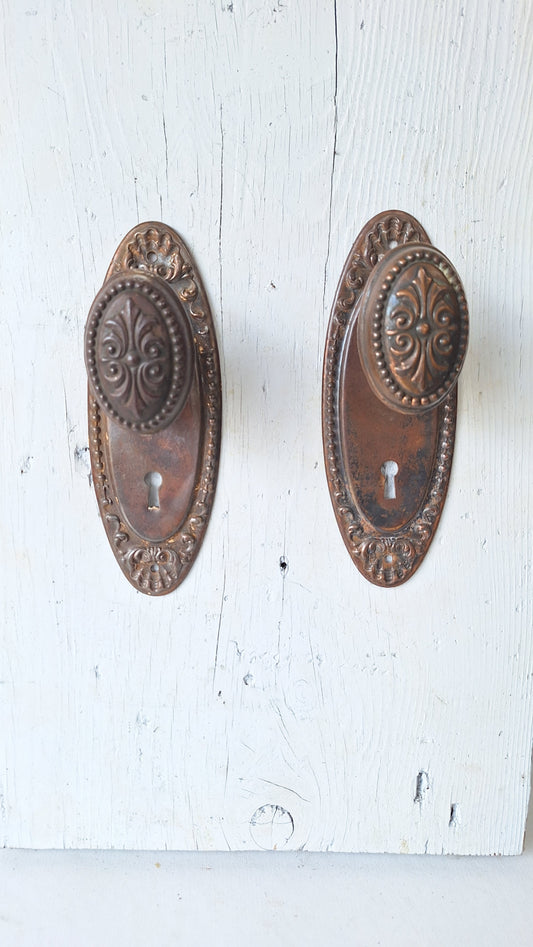 Antique Steel Door Hardware Set, 1900s Ornate Doorknob and Plates Set