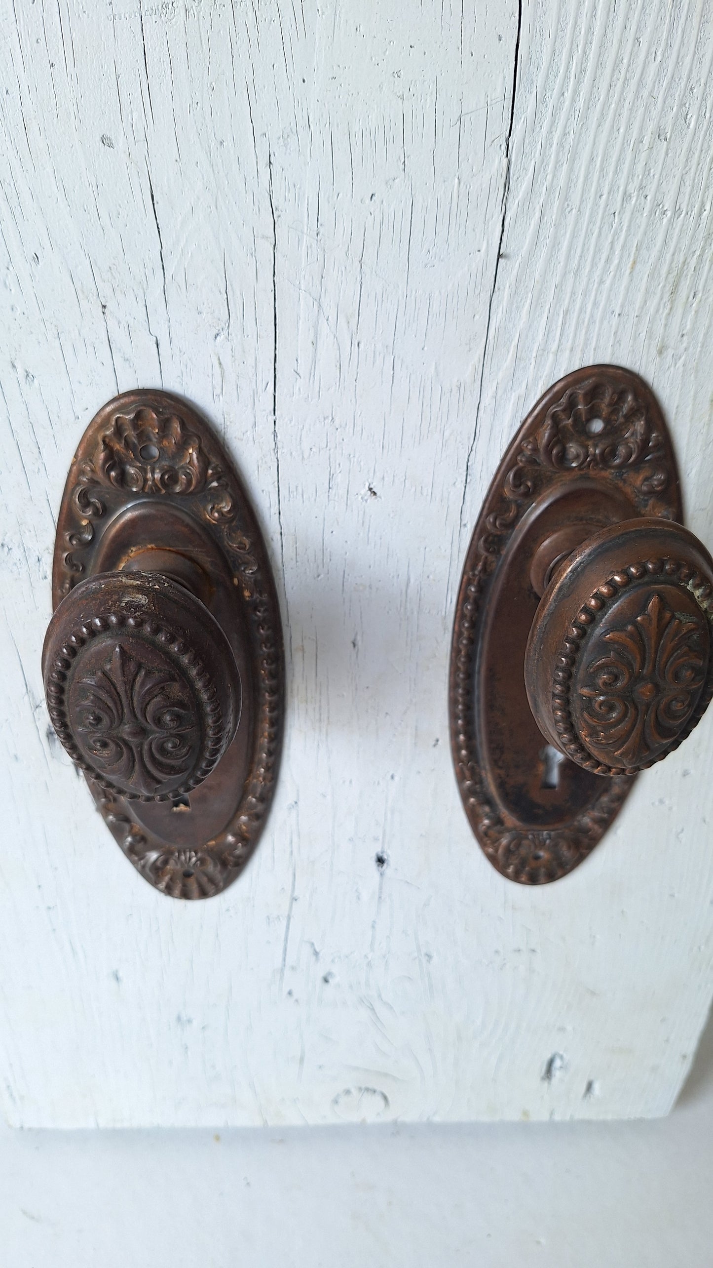 Antique Steel Door Hardware Set, 1900s Ornate Doorknob and Plates Set