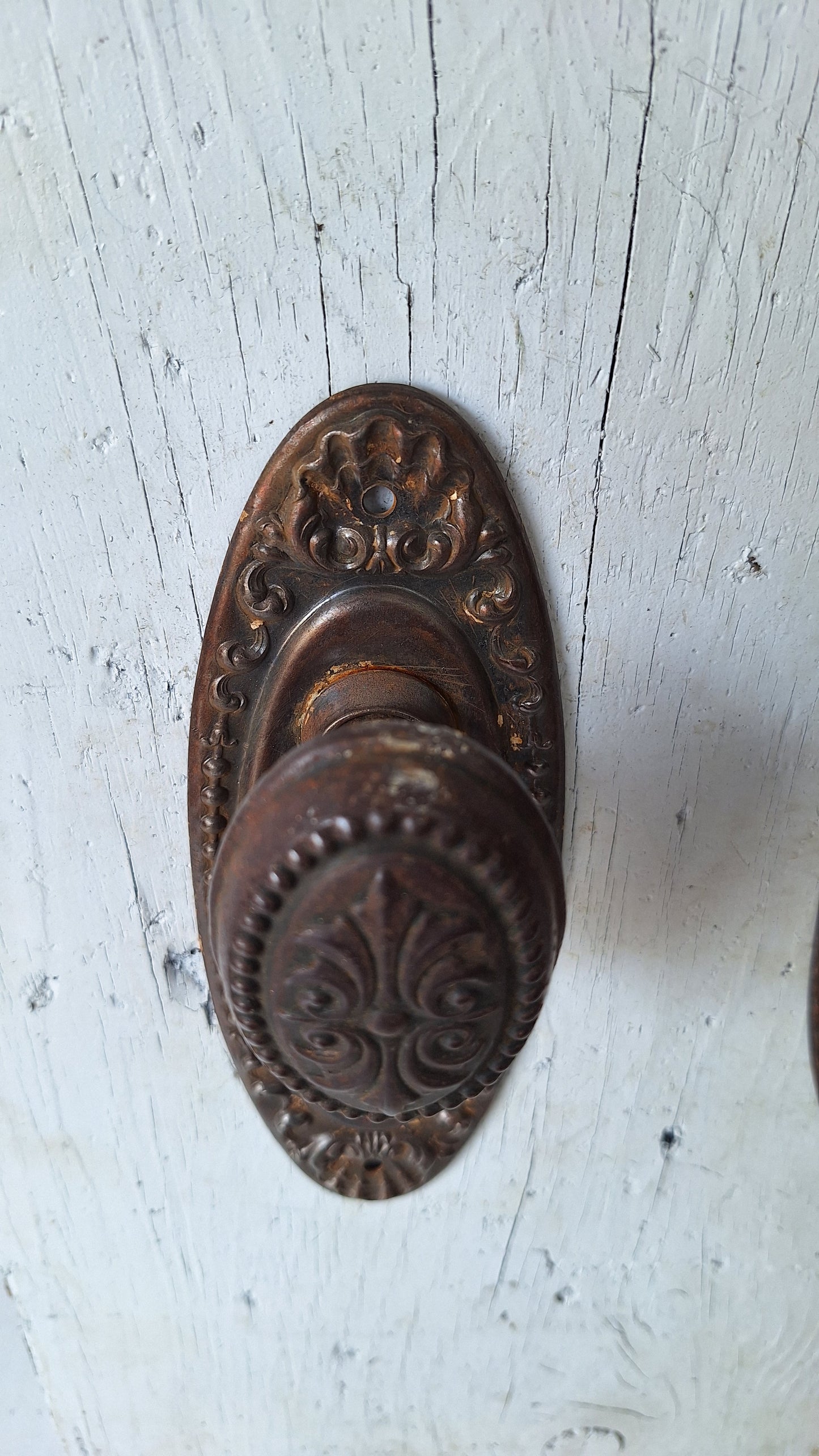 Antique Steel Door Hardware Set, 1900s Ornate Doorknob and Plates Set