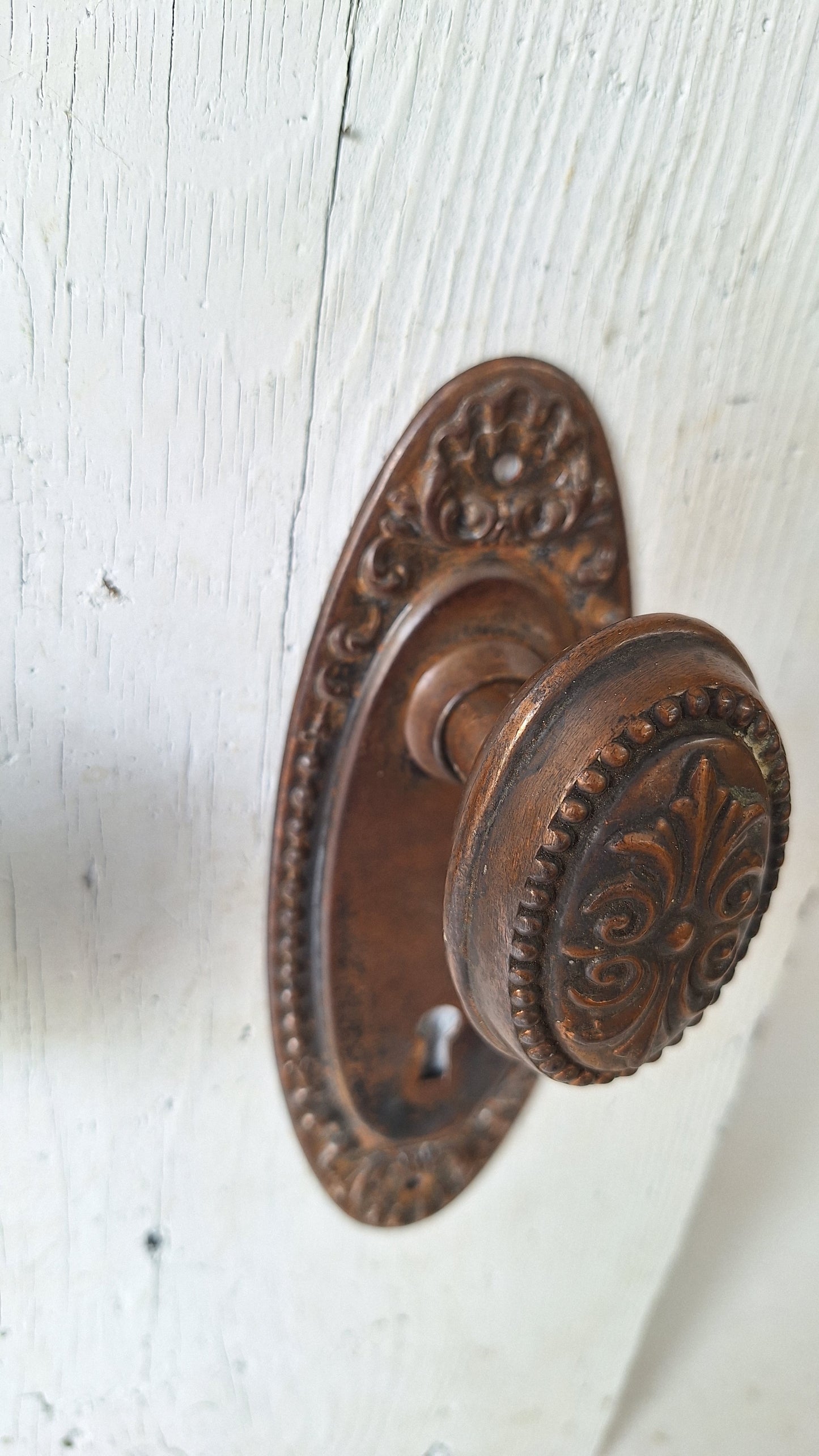 Antique Steel Door Hardware Set, 1900s Ornate Doorknob and Plates Set