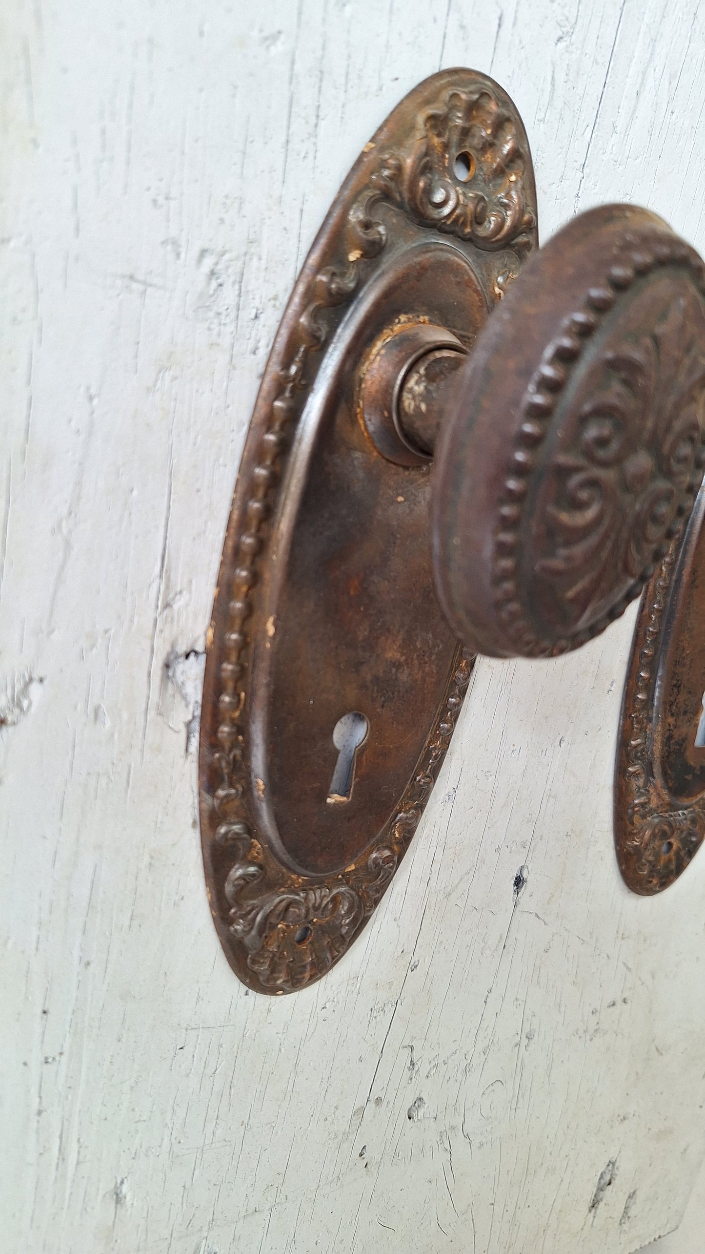 Antique Steel Door Hardware Set, 1900s Ornate Doorknob and Plates Set