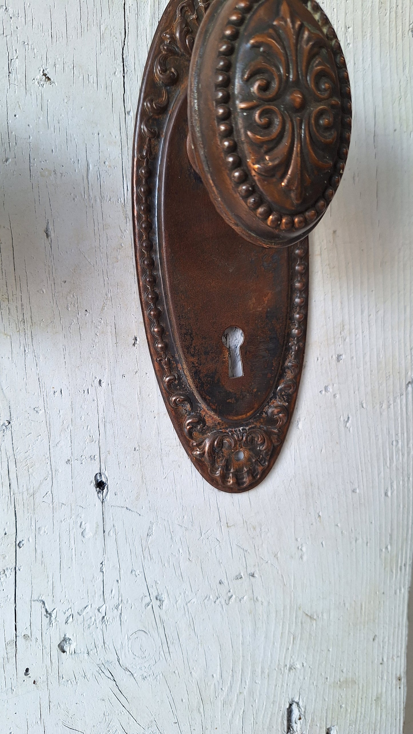 Antique Steel Door Hardware Set, 1900s Ornate Doorknob and Plates Set