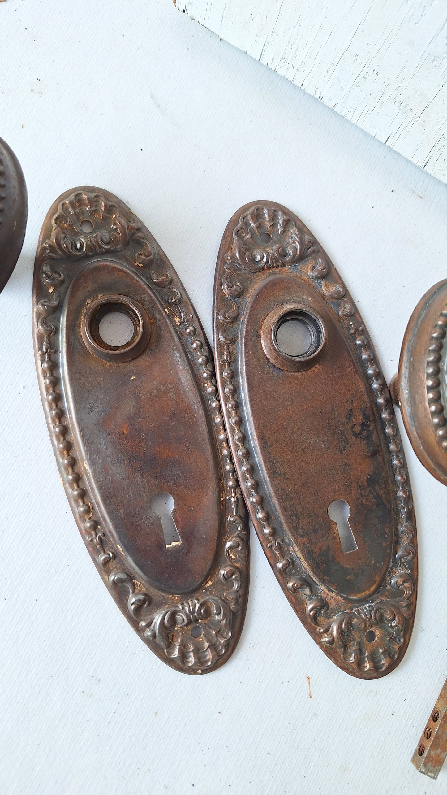 Antique Steel Door Hardware Set, 1900s Ornate Doorknob and Plates Set