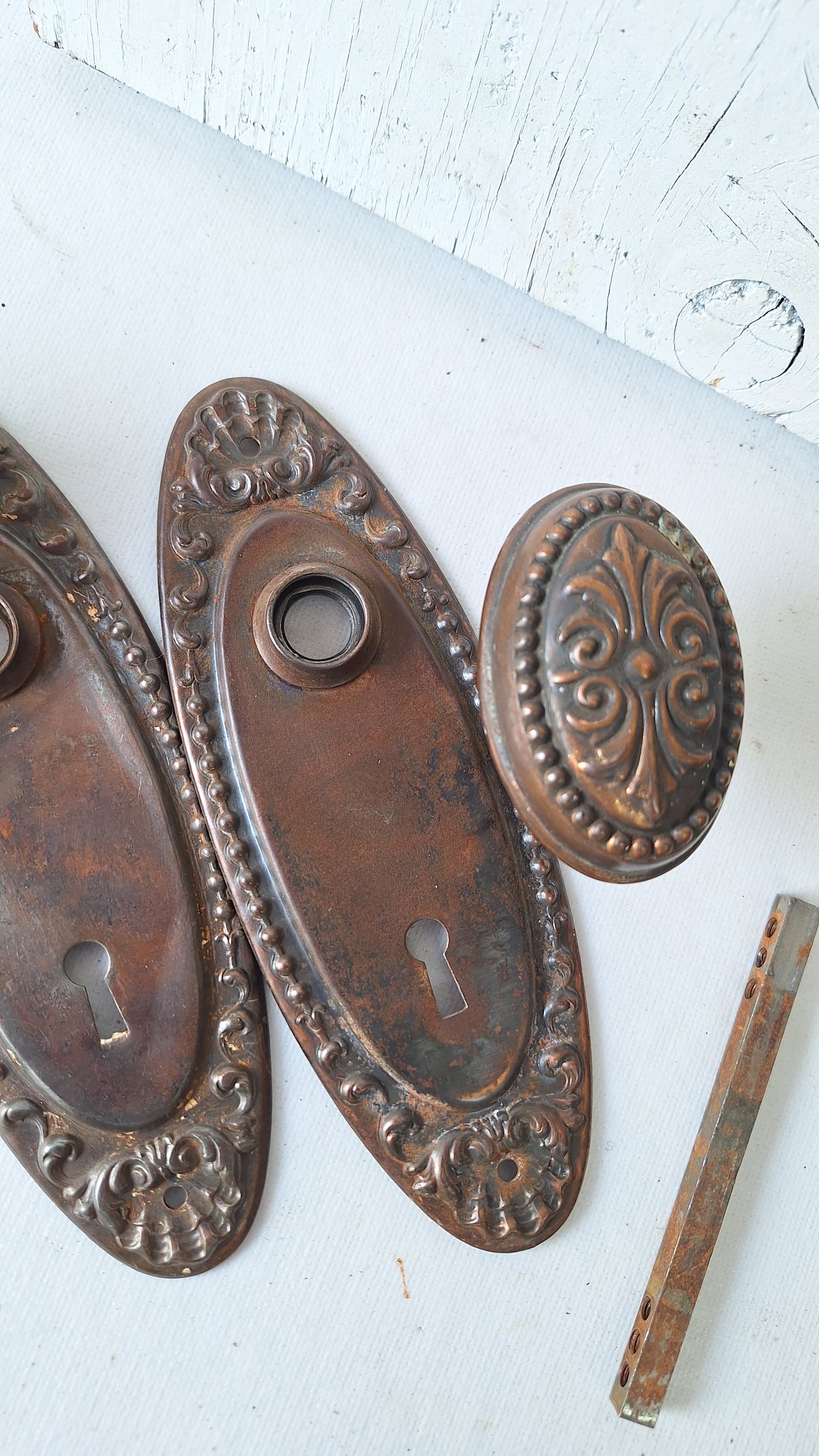 Antique Steel Door Hardware Set, 1900s Ornate Doorknob and Plates Set