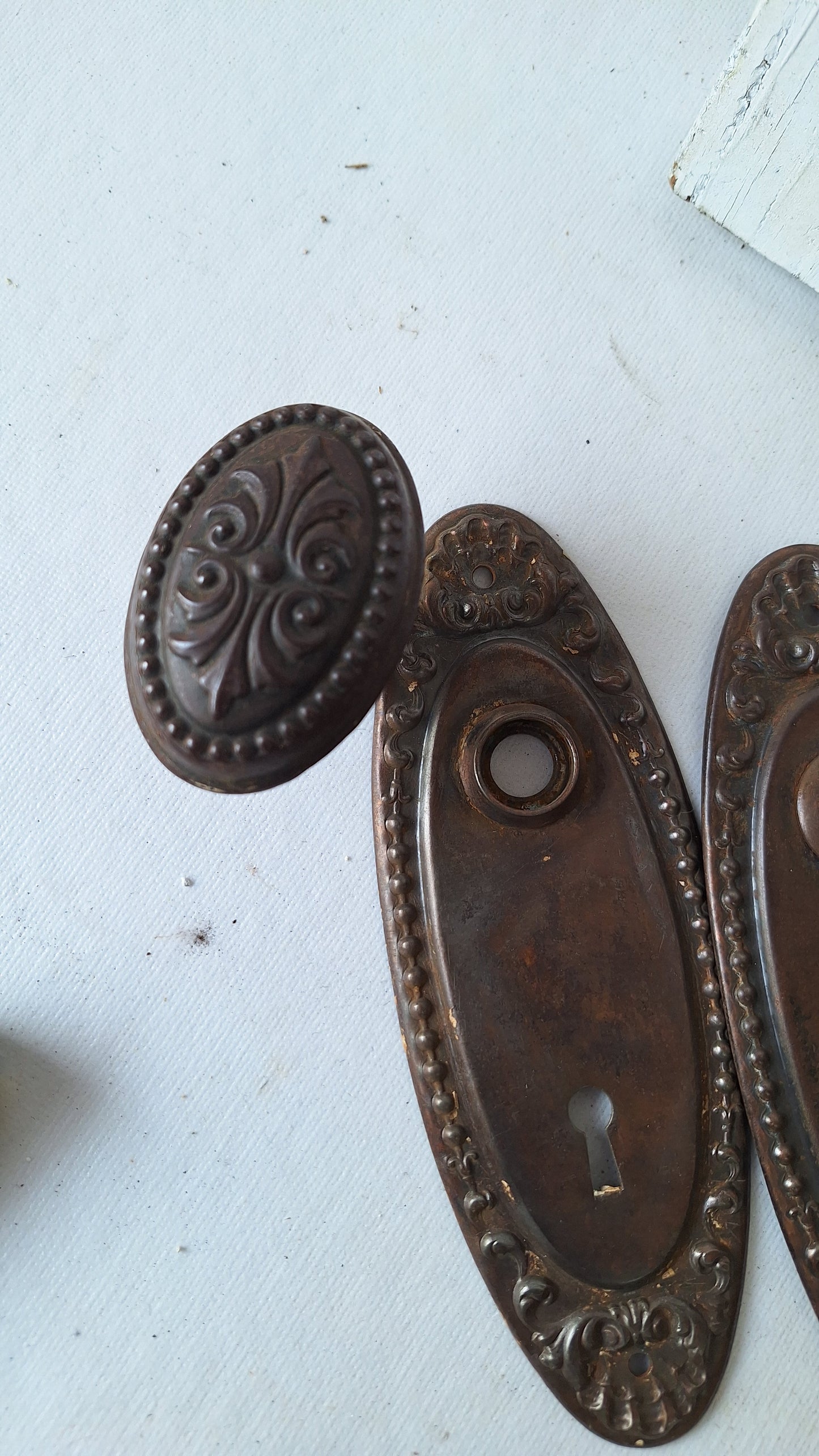 Antique Steel Door Hardware Set, 1900s Ornate Doorknob and Plates Set