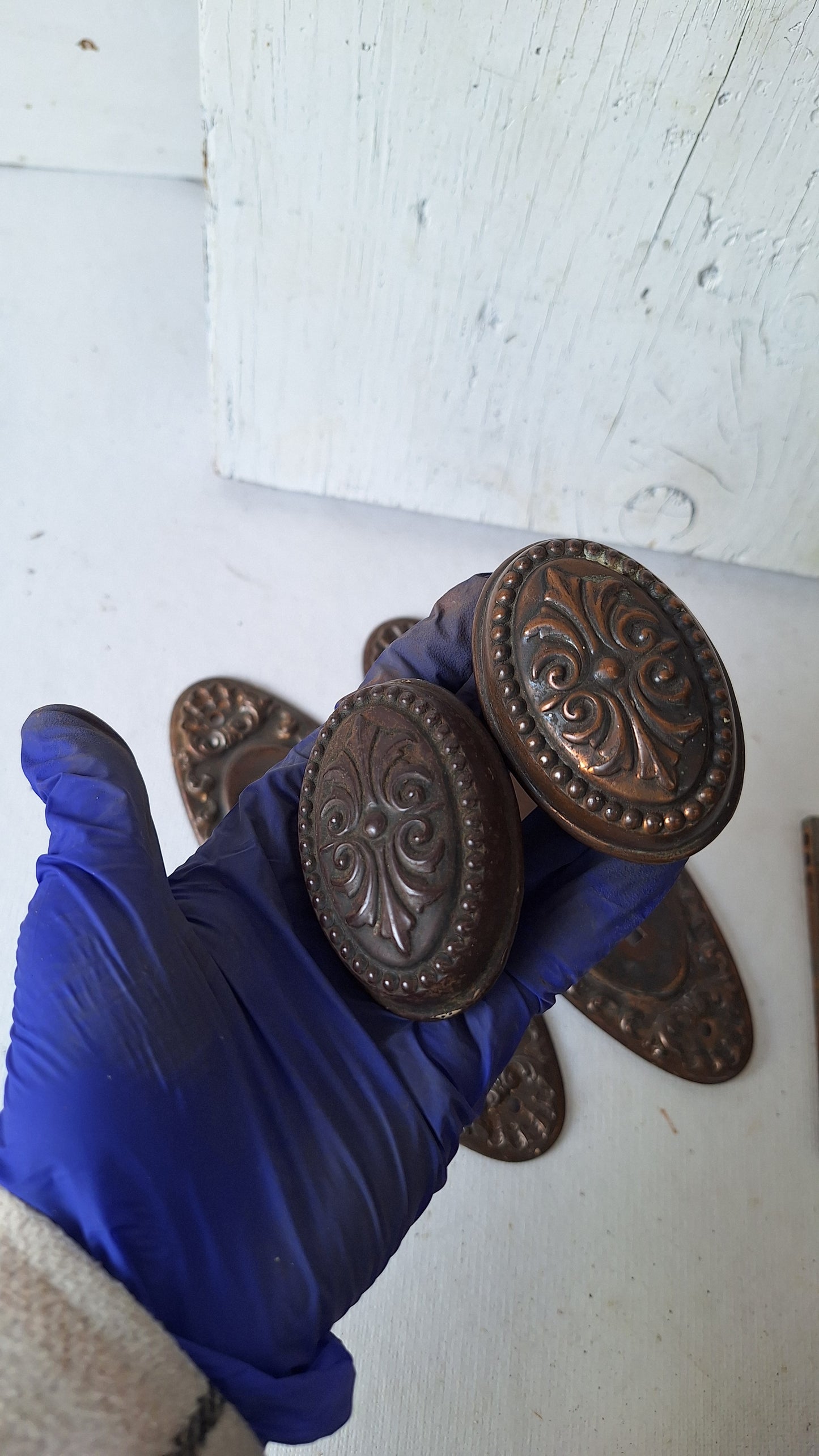 Antique Steel Door Hardware Set, 1900s Ornate Doorknob and Plates Set