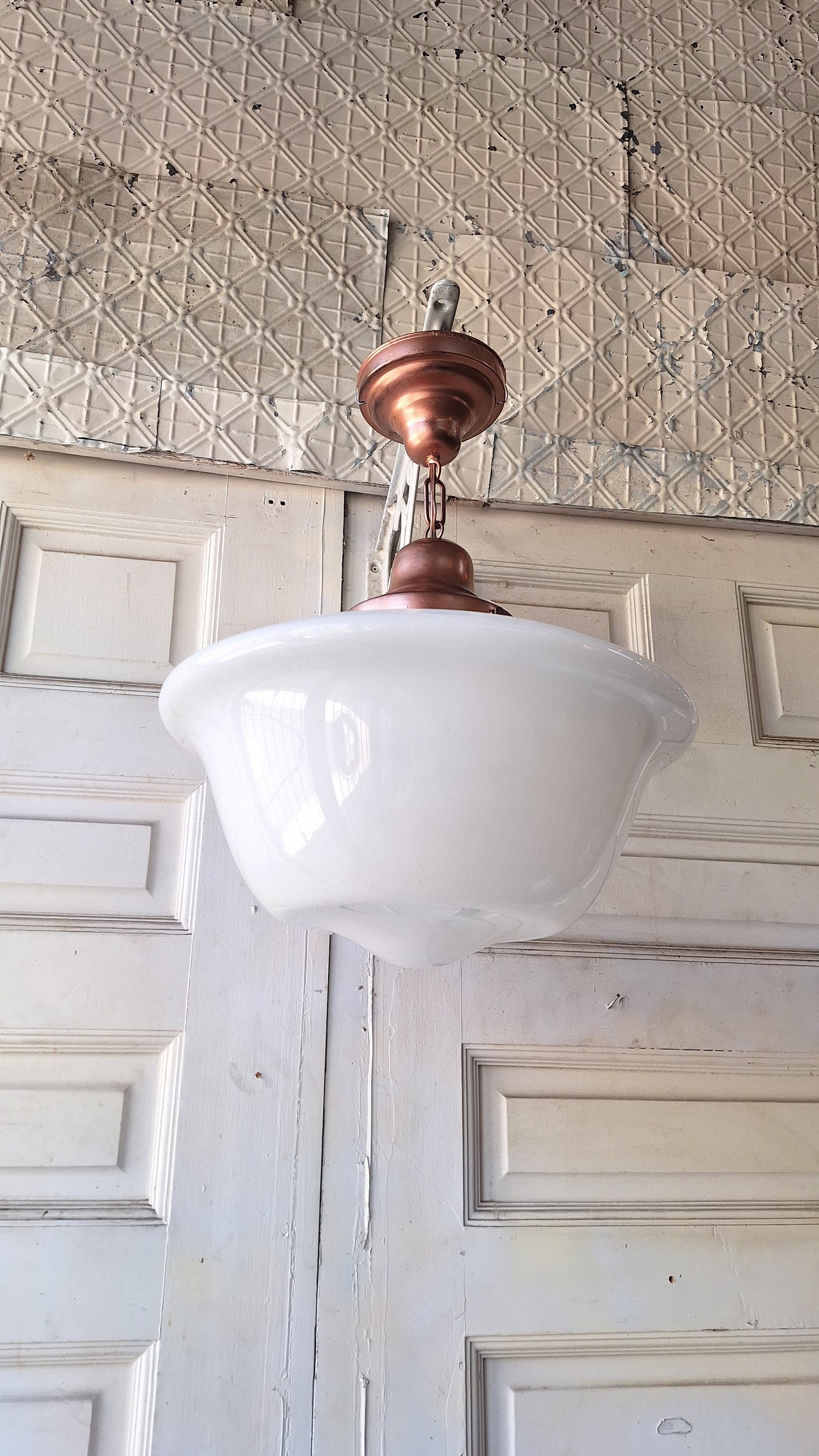 Art Deco Pendant Light, White Glass Globe, Copper Color Schoolhouse Style
