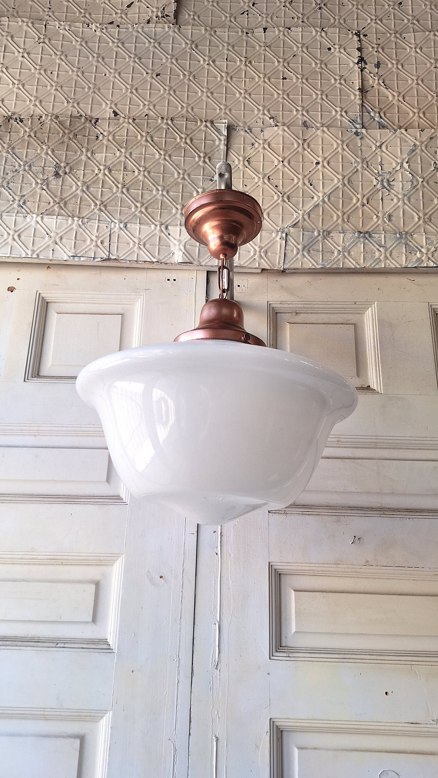 Art Deco Pendant Light, White Glass Globe, Copper Color Schoolhouse Style