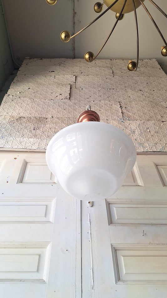 Art Deco Pendant Light, White Glass Globe, Copper Color Schoolhouse Style