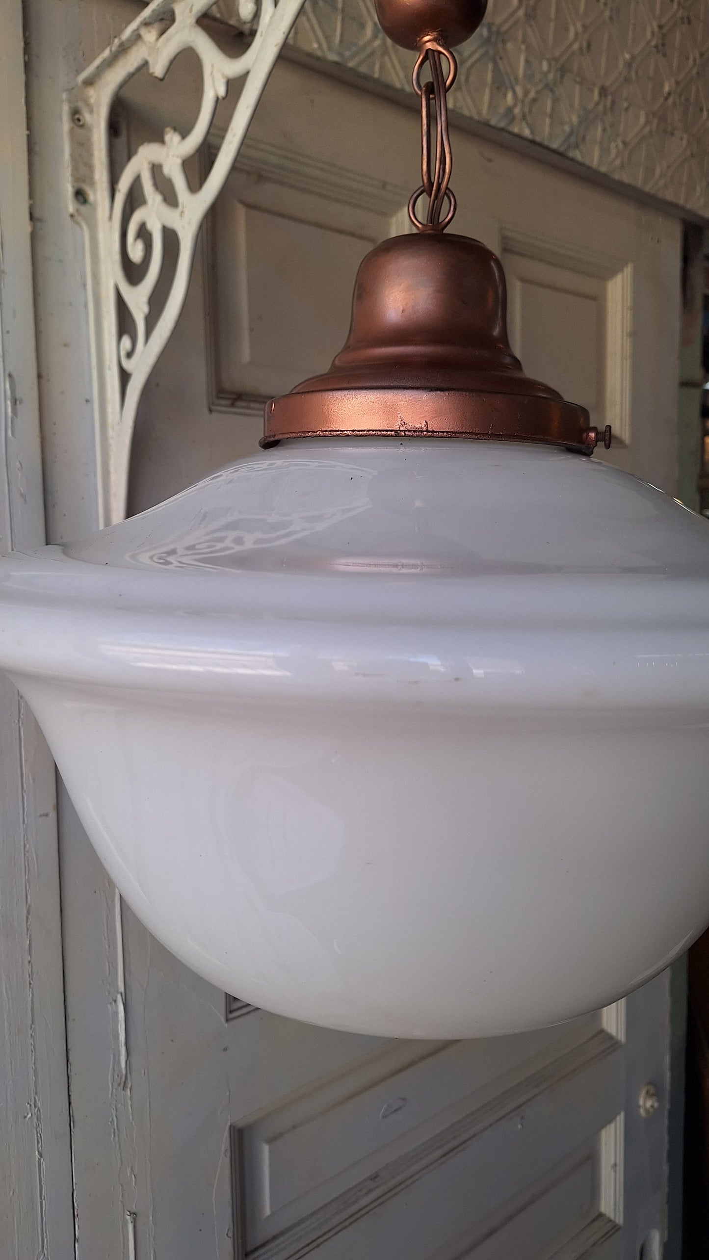 Art Deco Pendant Light, White Glass Globe, Copper Color Schoolhouse Style