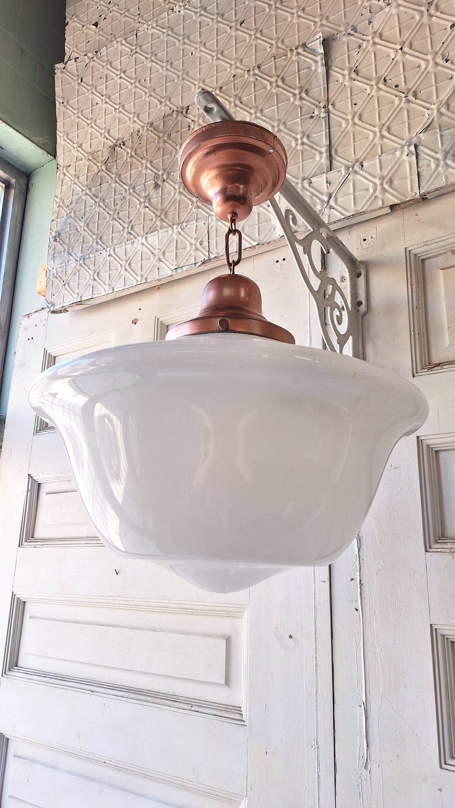 Art Deco Pendant Light, White Glass Globe, Copper Color Schoolhouse Style