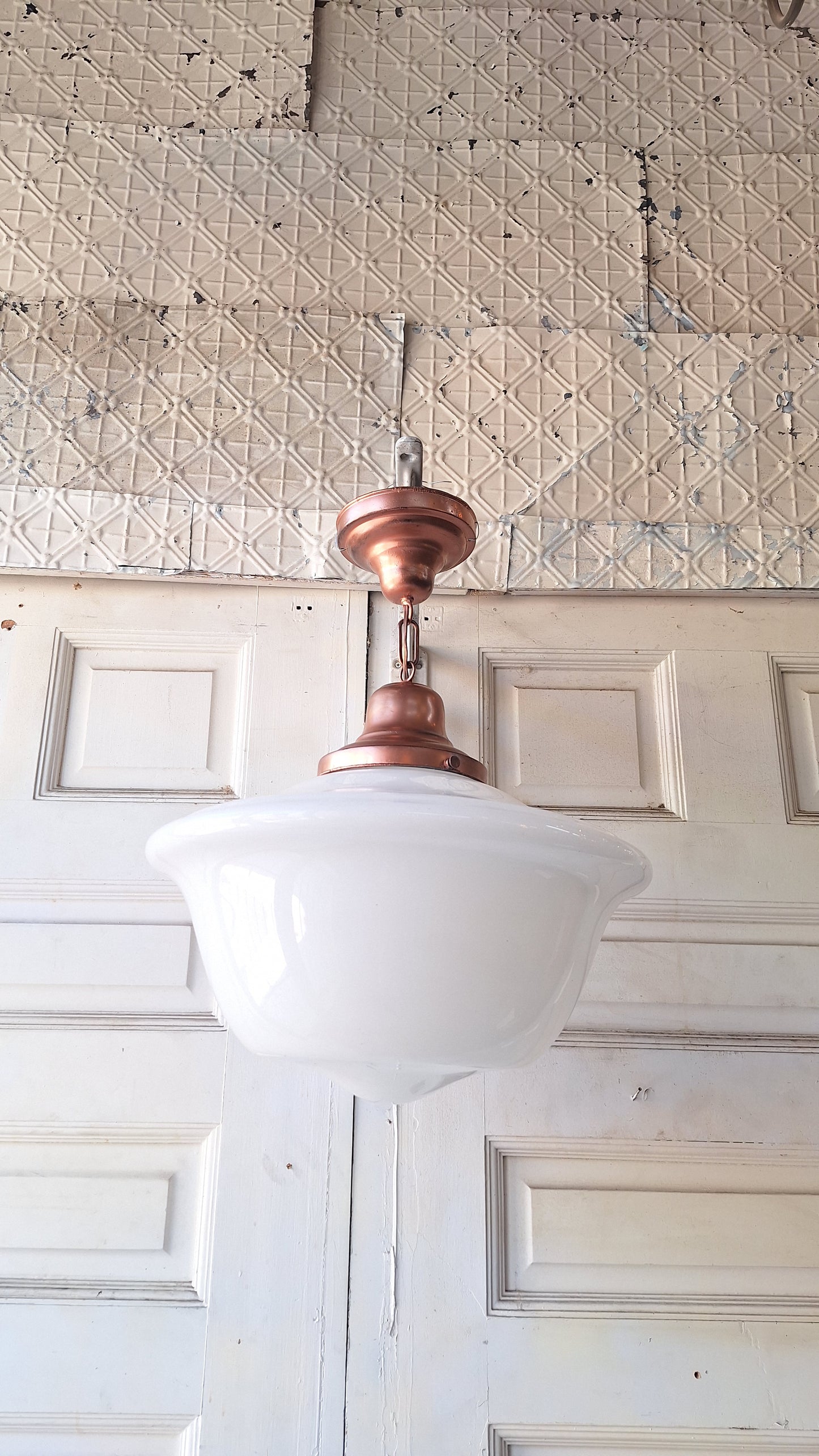 Art Deco Pendant Light, White Glass Globe, Copper Color Schoolhouse Style