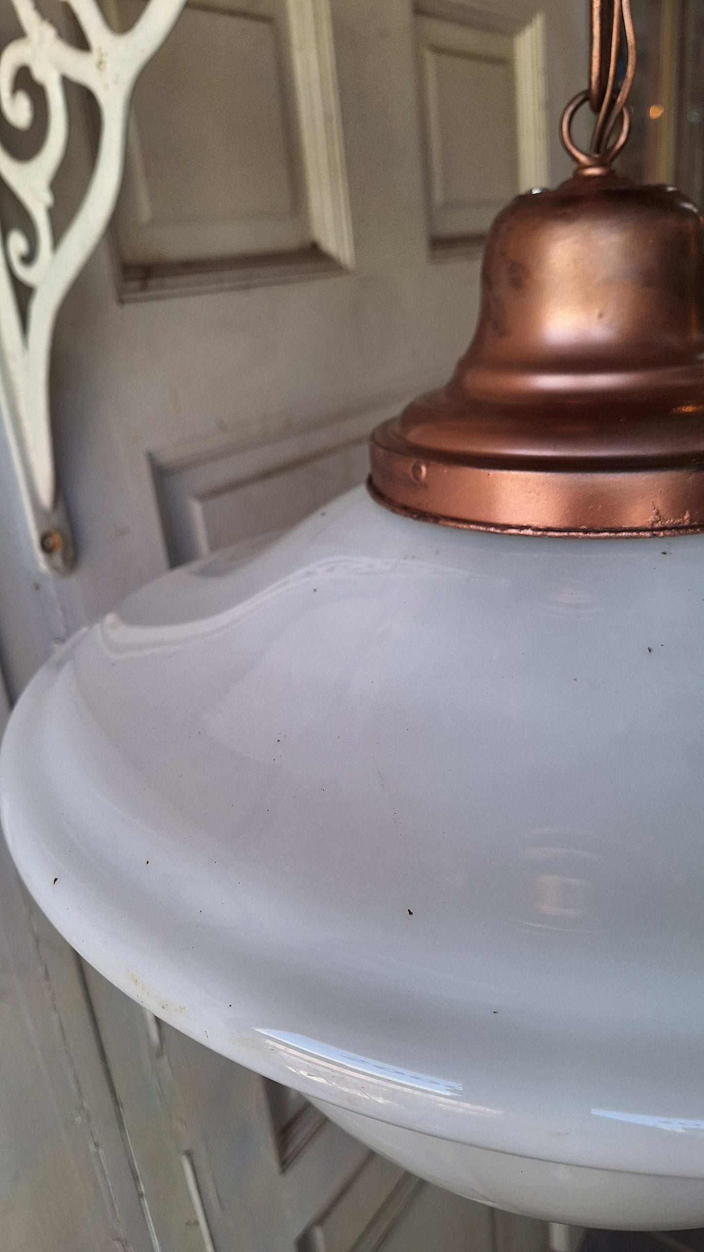 Art Deco Pendant Light, White Glass Globe, Copper Color Schoolhouse Style