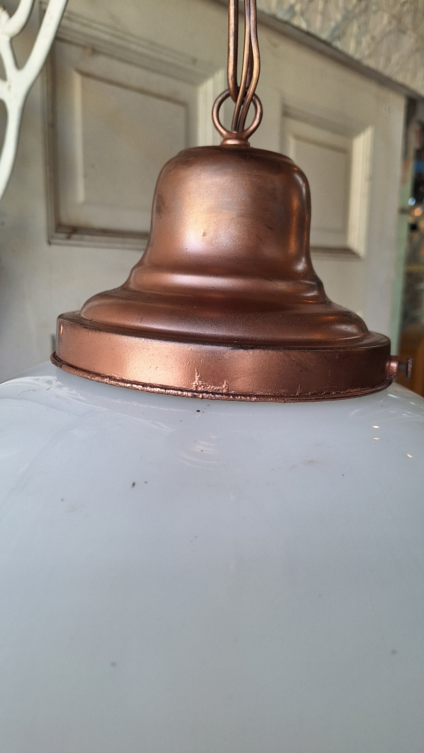 Art Deco Pendant Light, White Glass Globe, Copper Color Schoolhouse Style