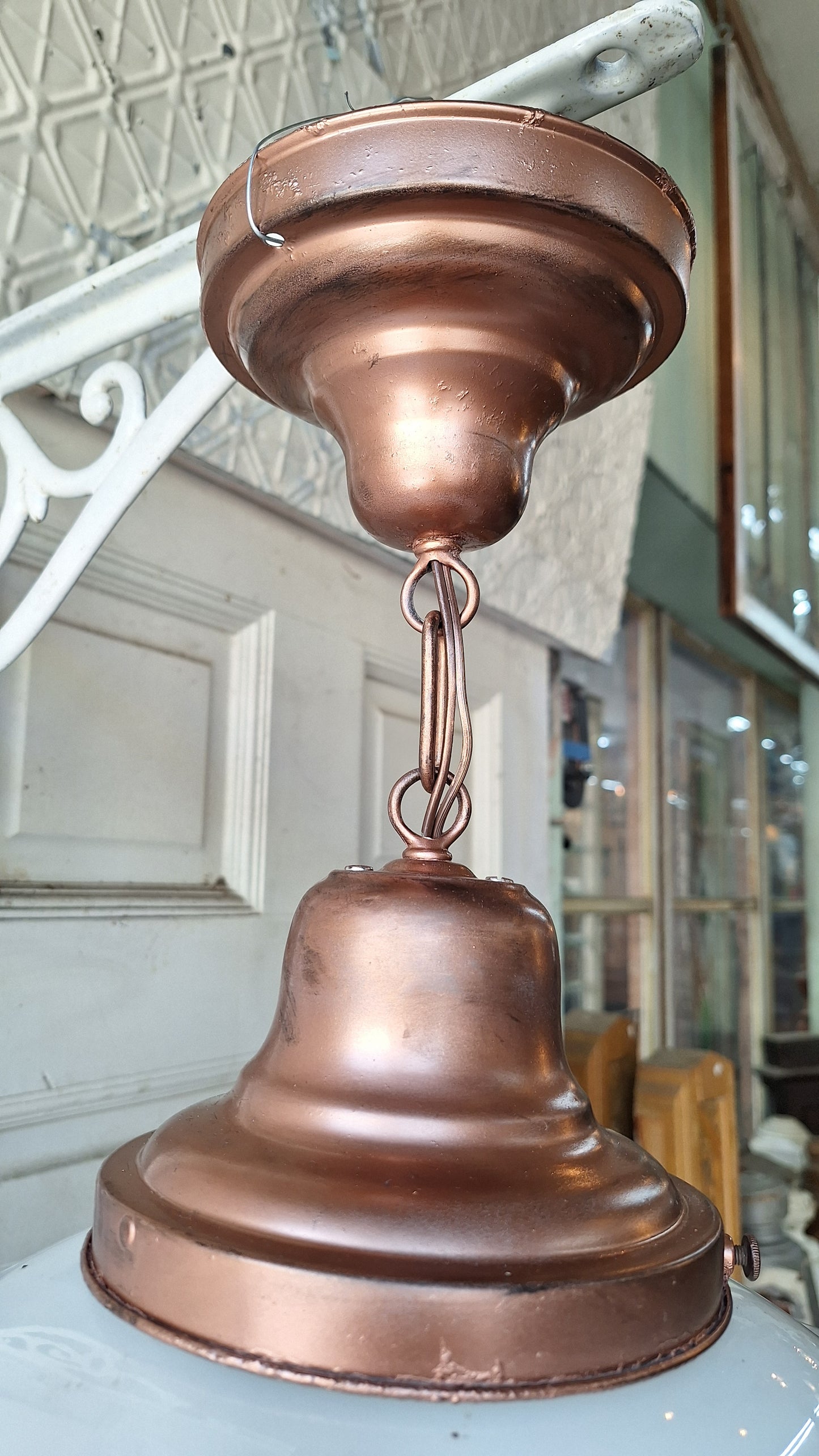 Art Deco Pendant Light, White Glass Globe, Copper Color Schoolhouse Style