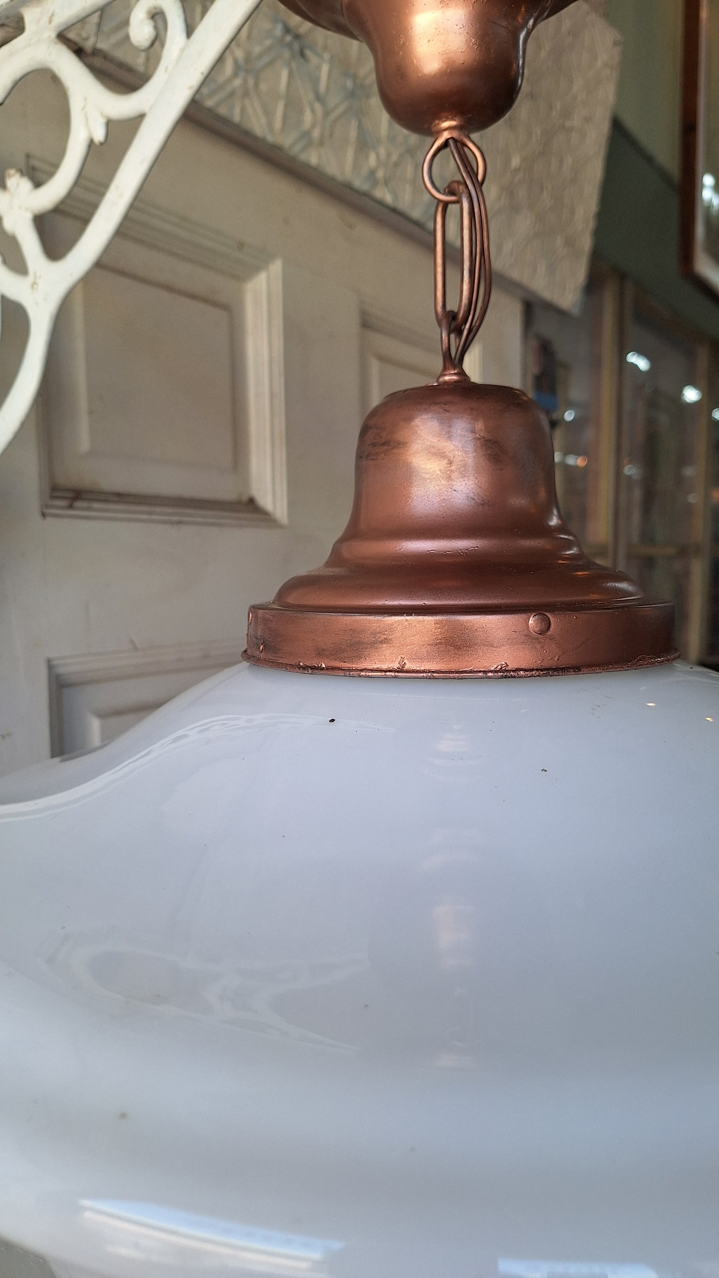 Art Deco Pendant Light, White Glass Globe, Copper Color Schoolhouse Style