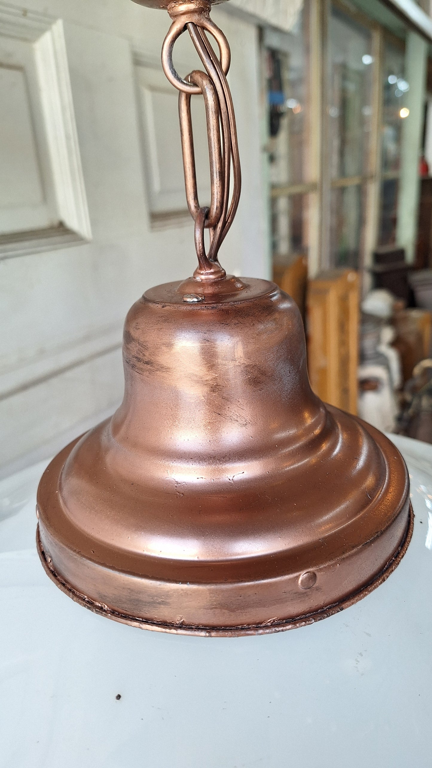 Art Deco Pendant Light, White Glass Globe, Copper Color Schoolhouse Style