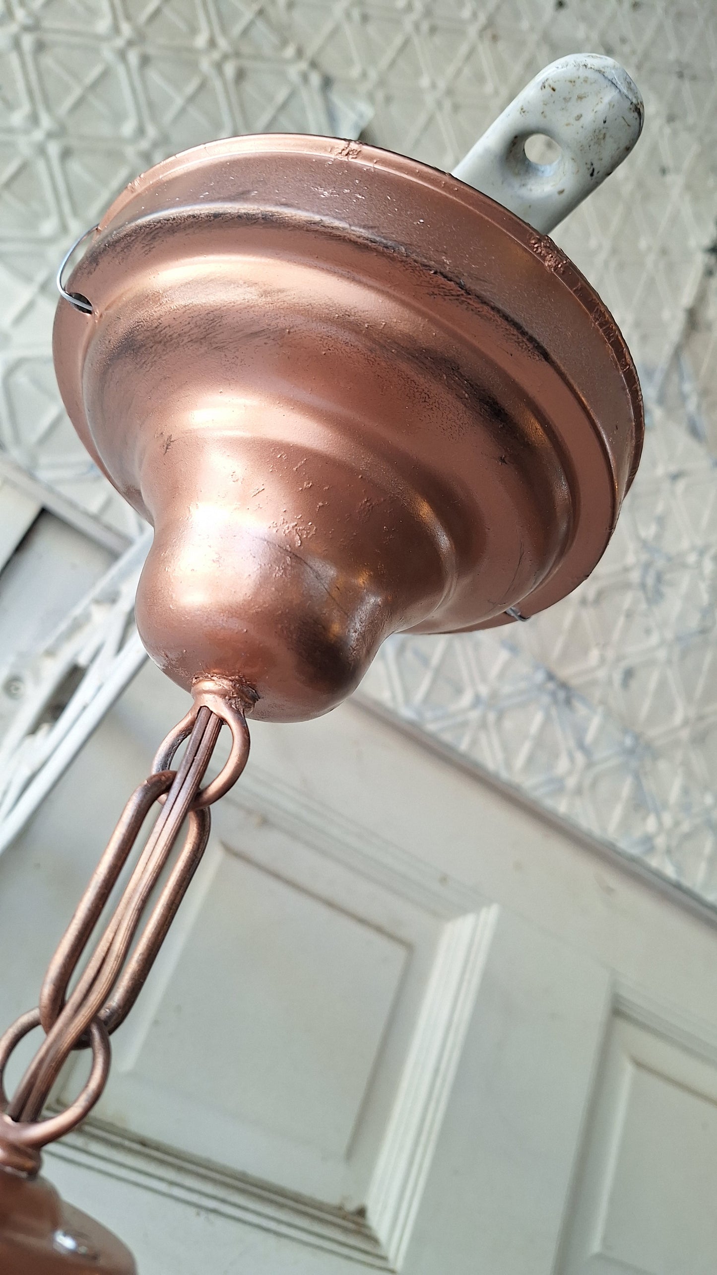 Art Deco Pendant Light, White Glass Globe, Copper Color Schoolhouse Style