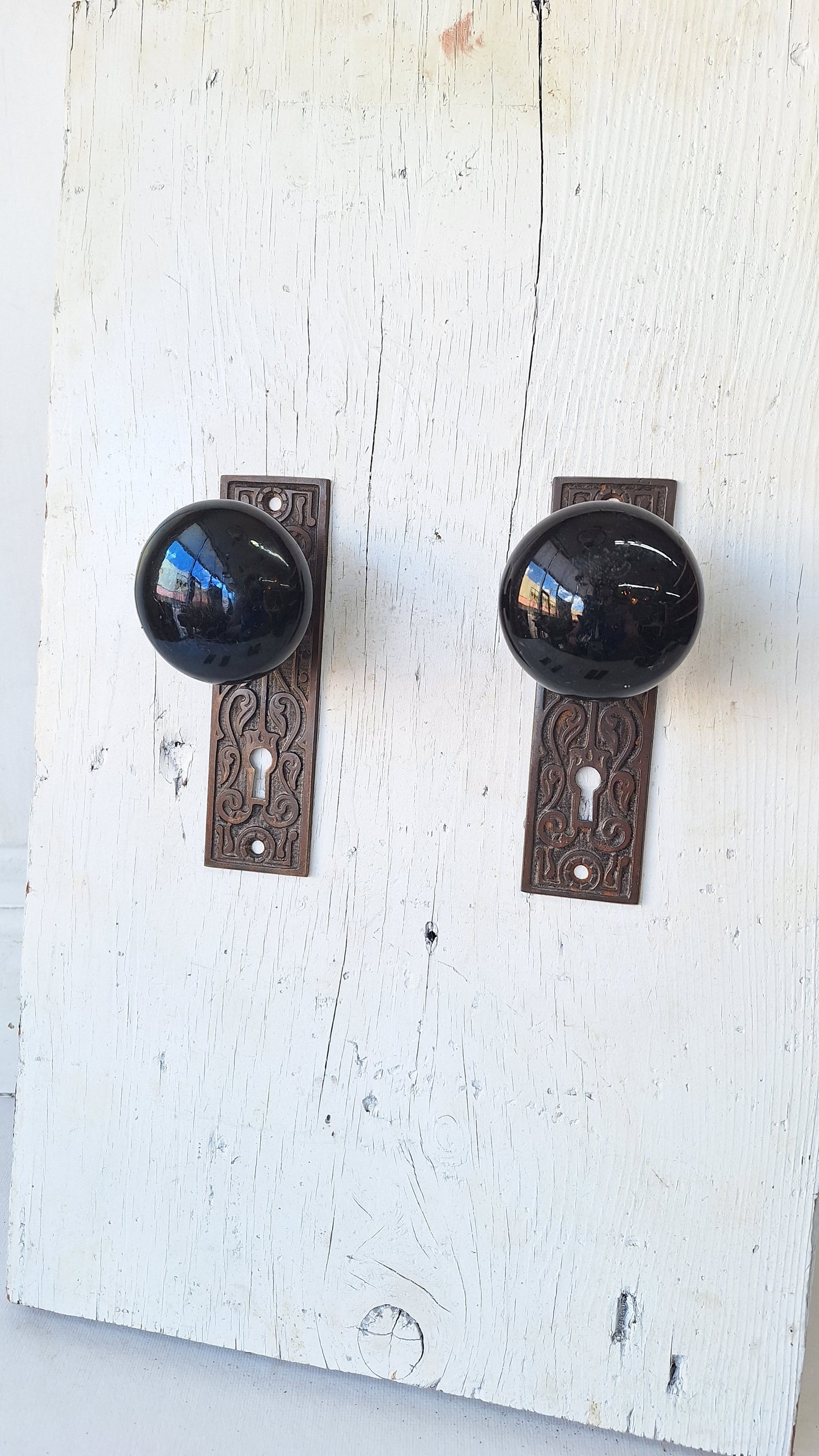 Black Porcelain Knob & Iron Plate, Ceramic Doorknobs and Backplates Eastlake Design
