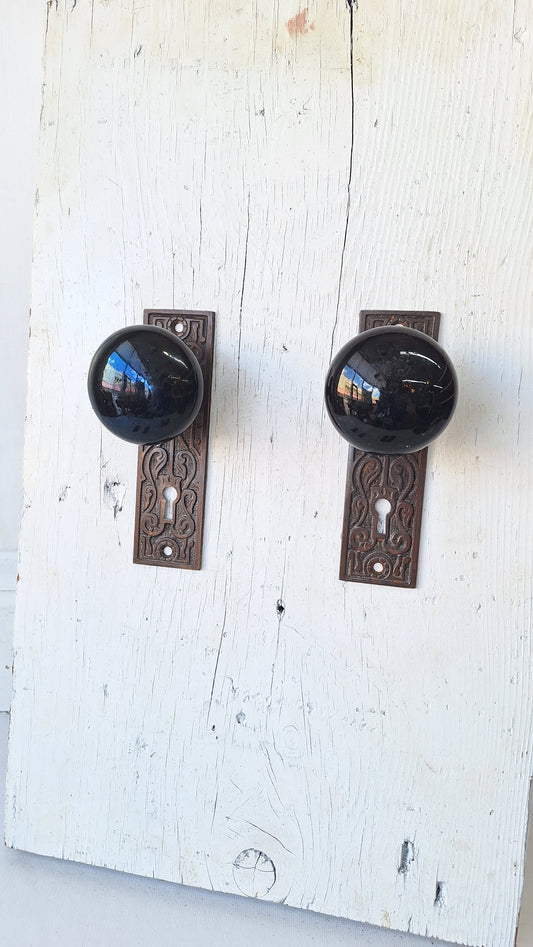Black Porcelain Knob & Iron Plate, Ceramic Doorknobs and Backplates Eastlake Design