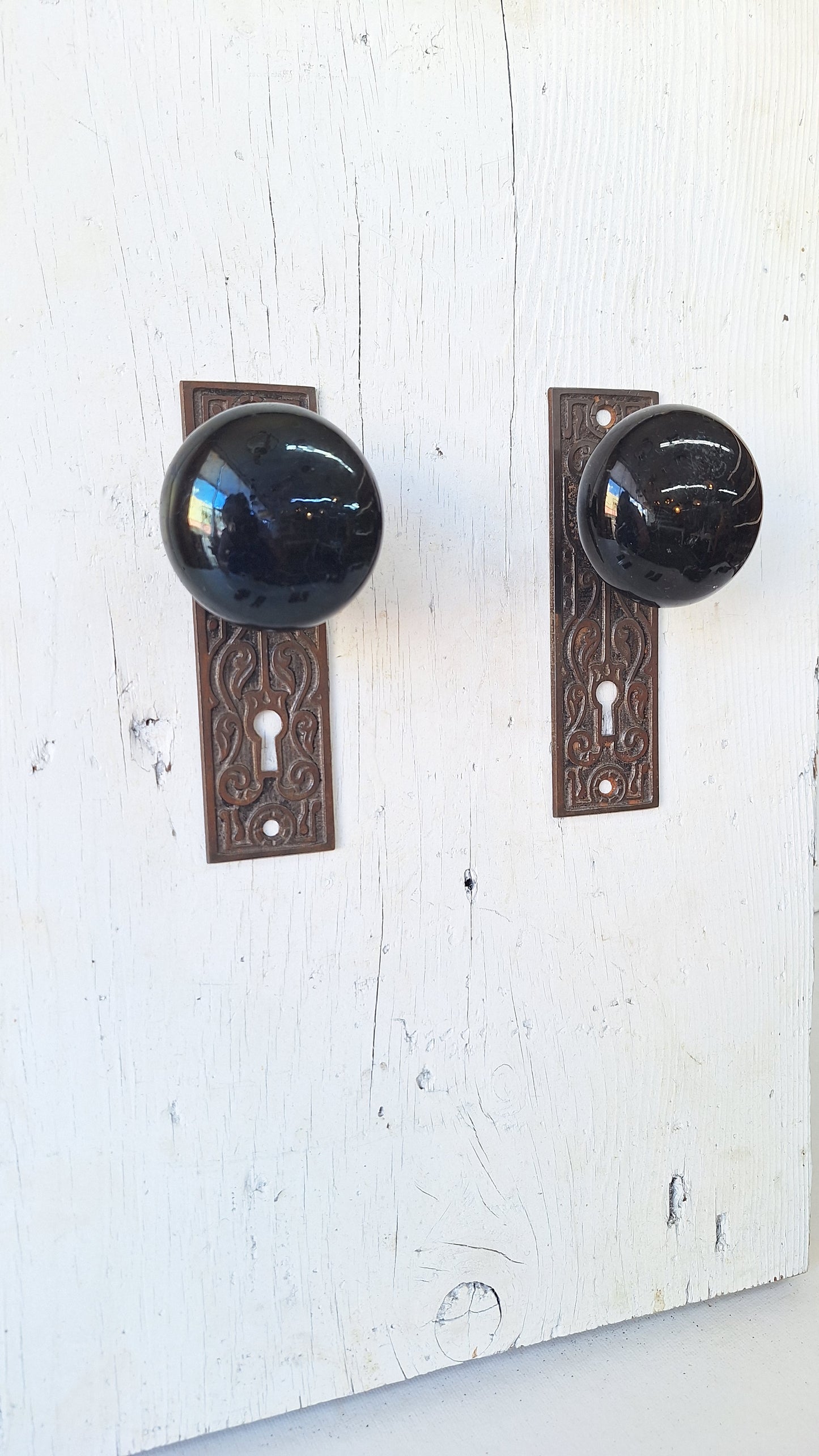 Black Porcelain Knob & Iron Plate, Ceramic Doorknobs and Backplates Eastlake Design