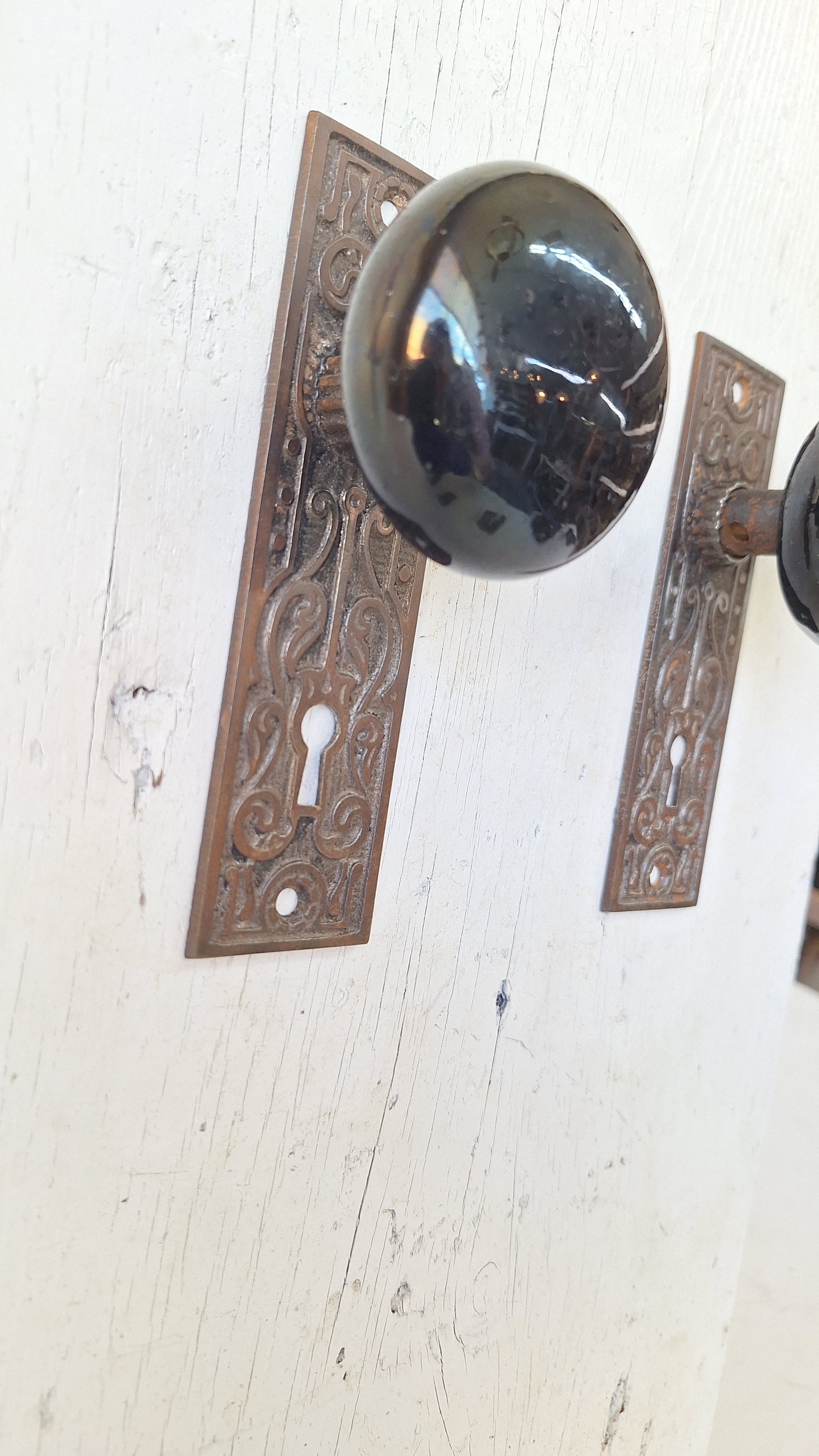 Black Porcelain Knob & Iron Plate, Ceramic Doorknobs and Backplates Eastlake Design
