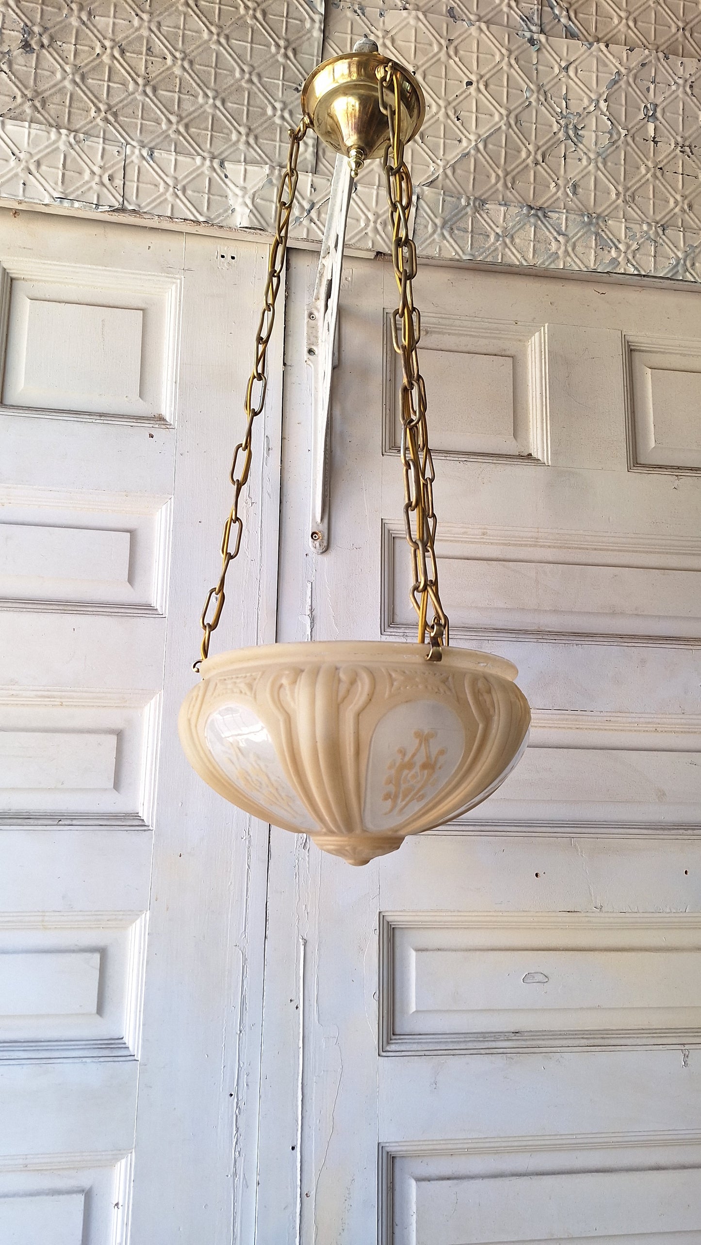 Antique Molded Glass Bowl Chandelier, Bronze and Glass Large Hanging Light