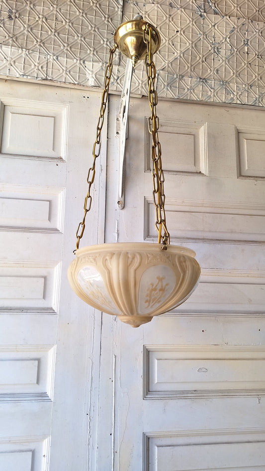 Antique Molded Glass Bowl Chandelier, Bronze and Glass Large Hanging Light