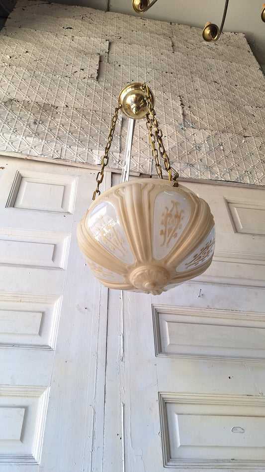Antique Molded Glass Bowl Chandelier, Bronze and Glass Large Hanging Light
