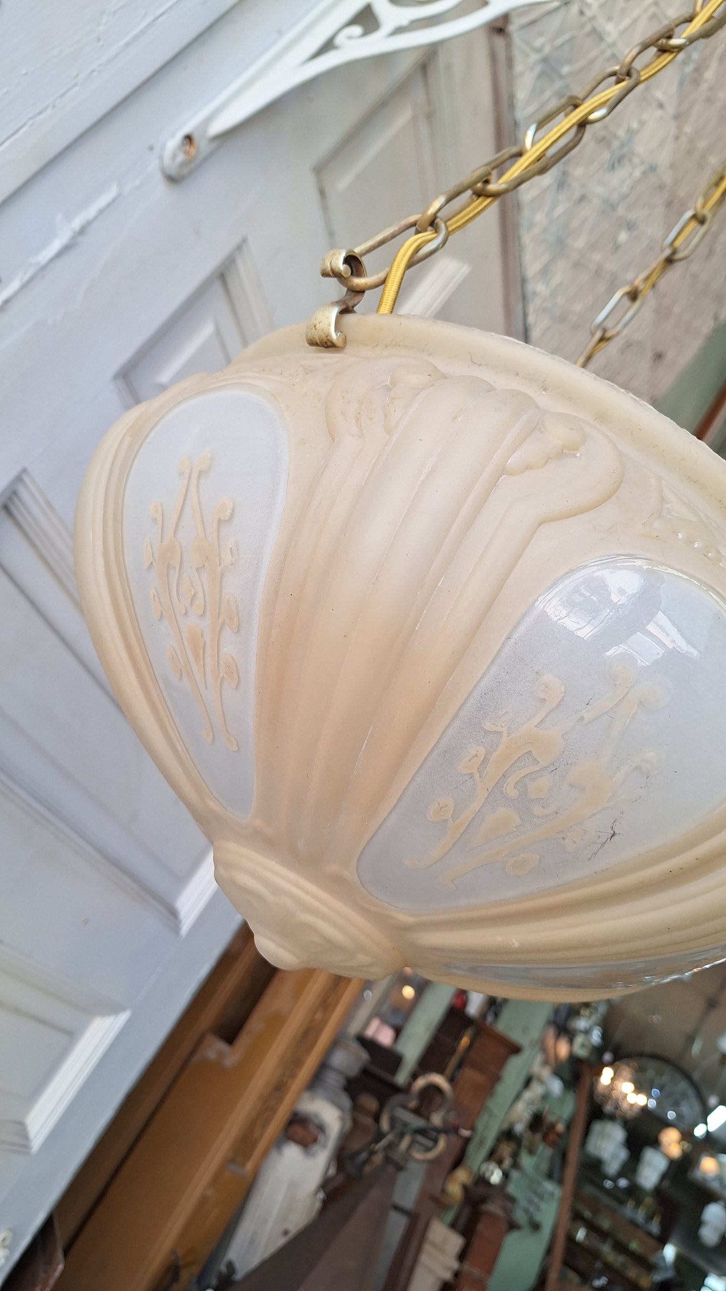 Antique Molded Glass Bowl Chandelier, Bronze and Glass Large Hanging Light