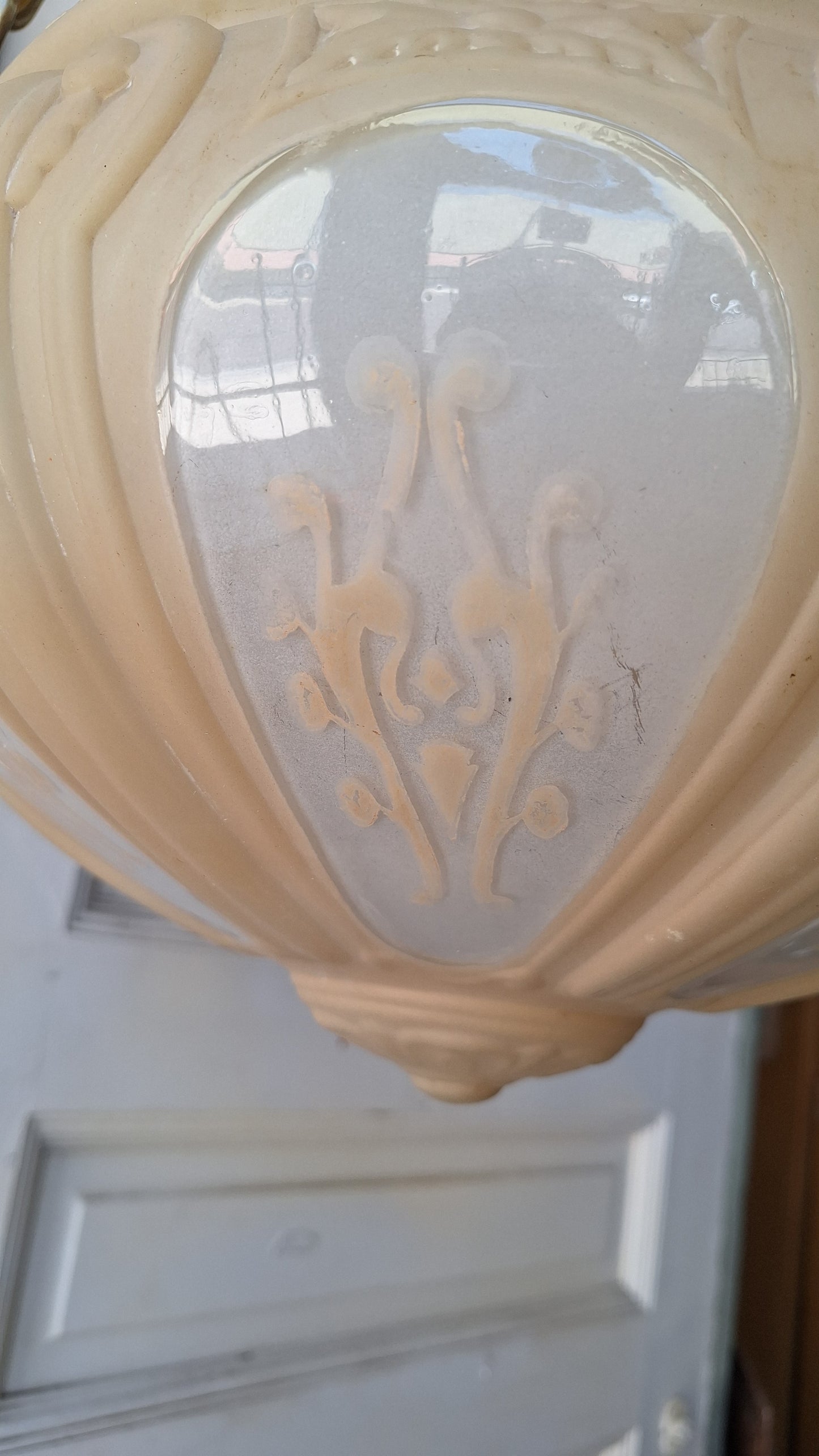 Antique Molded Glass Bowl Chandelier, Bronze and Glass Large Hanging Light