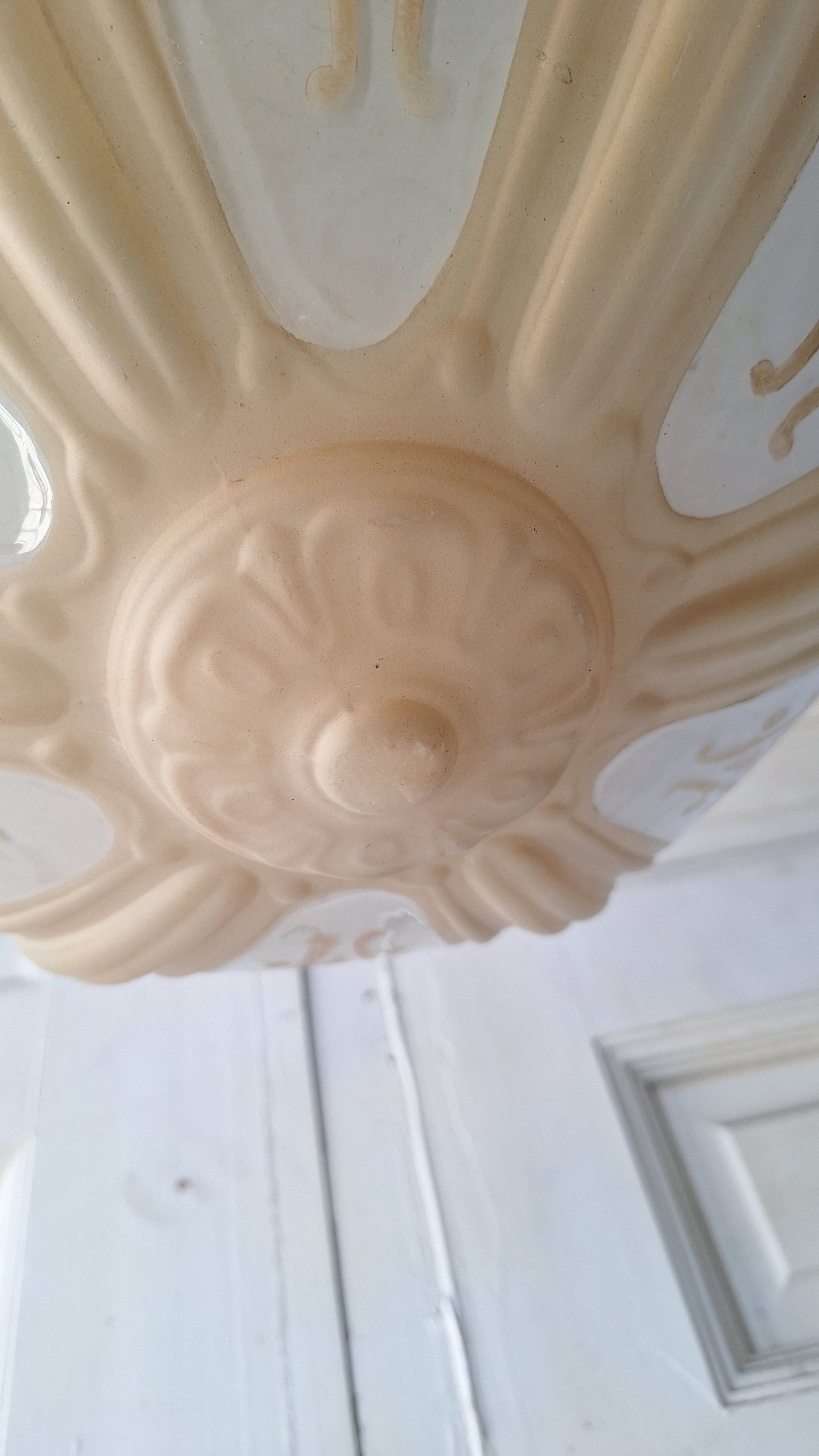 Antique Molded Glass Bowl Chandelier, Bronze and Glass Large Hanging Light