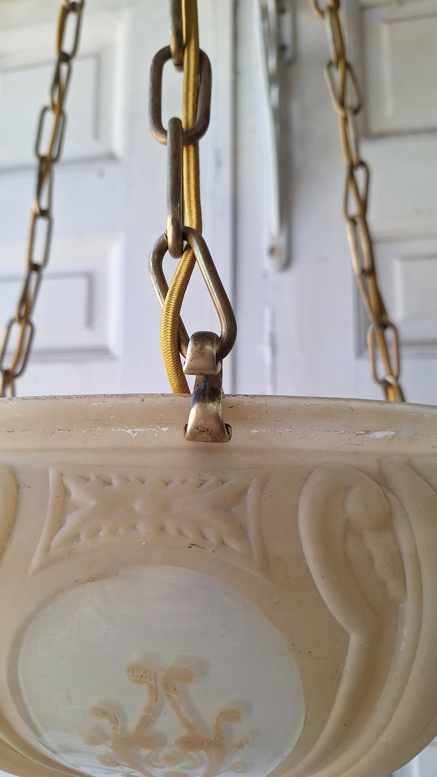 Antique Molded Glass Bowl Chandelier, Bronze and Glass Large Hanging Light
