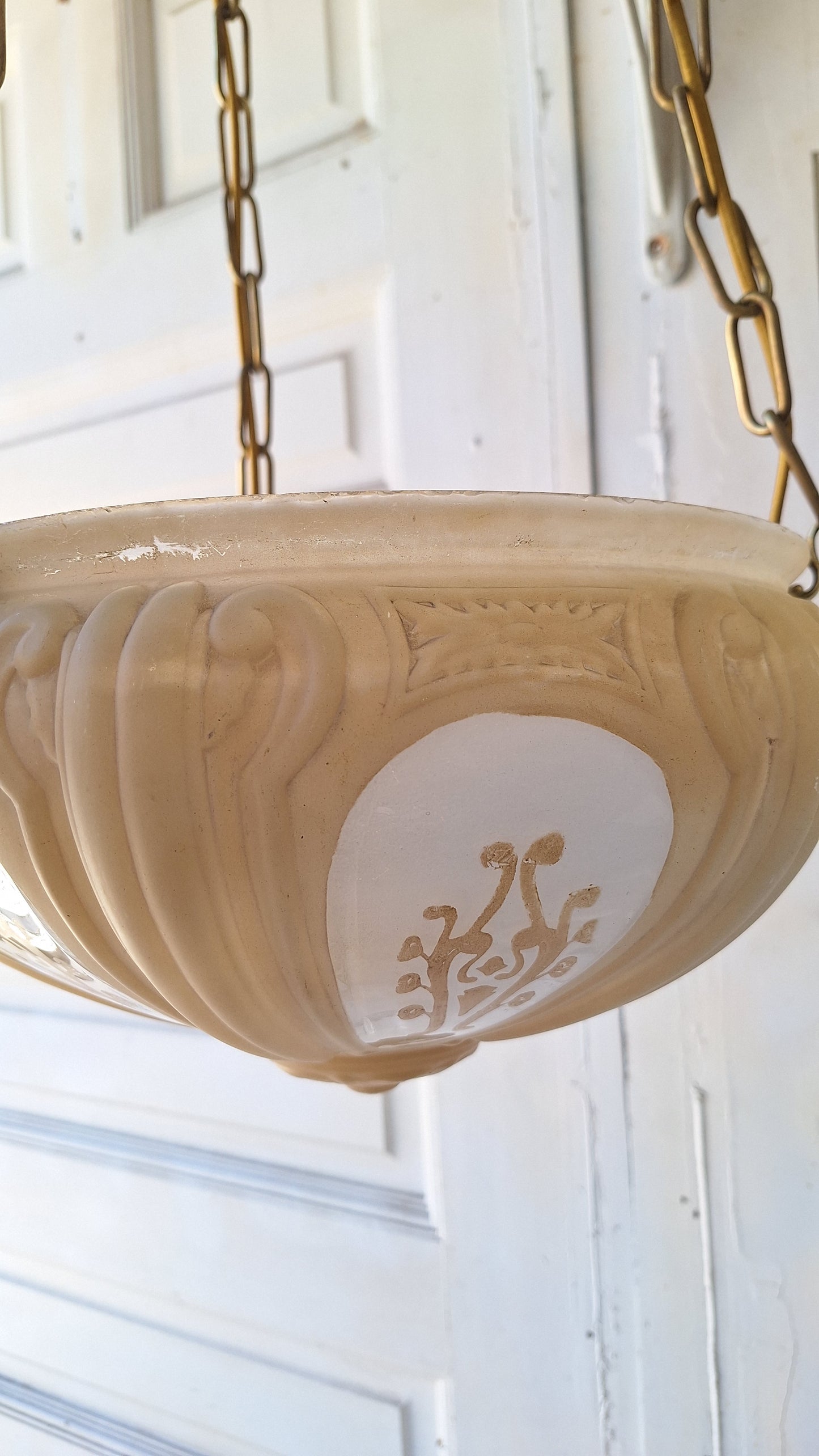 Antique Molded Glass Bowl Chandelier, Bronze and Glass Large Hanging Light