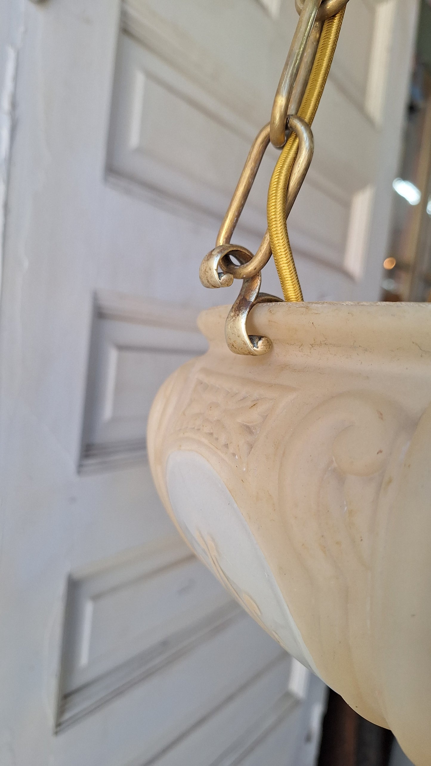 Antique Molded Glass Bowl Chandelier, Bronze and Glass Large Hanging Light
