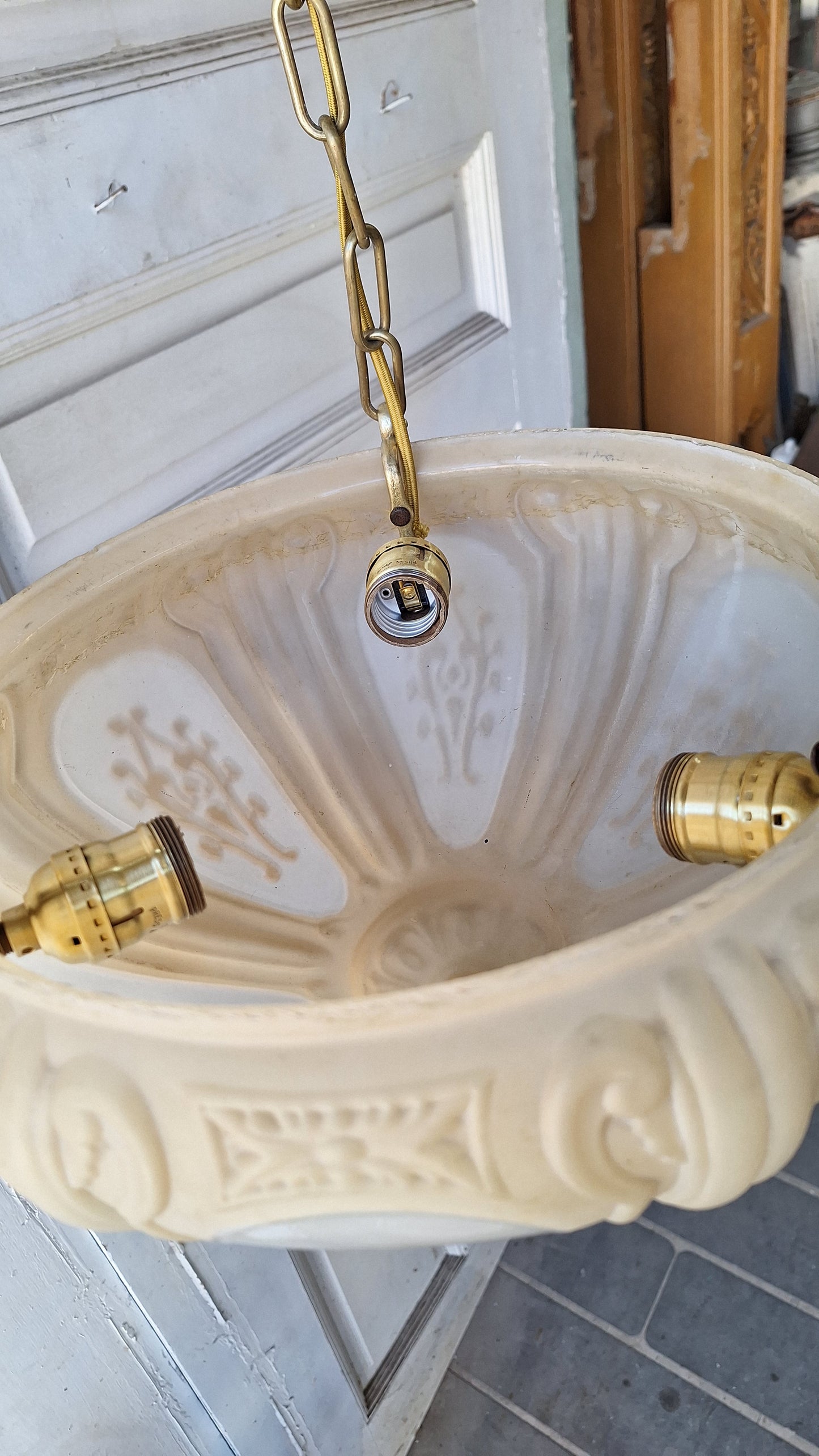 Antique Molded Glass Bowl Chandelier, Bronze and Glass Large Hanging Light