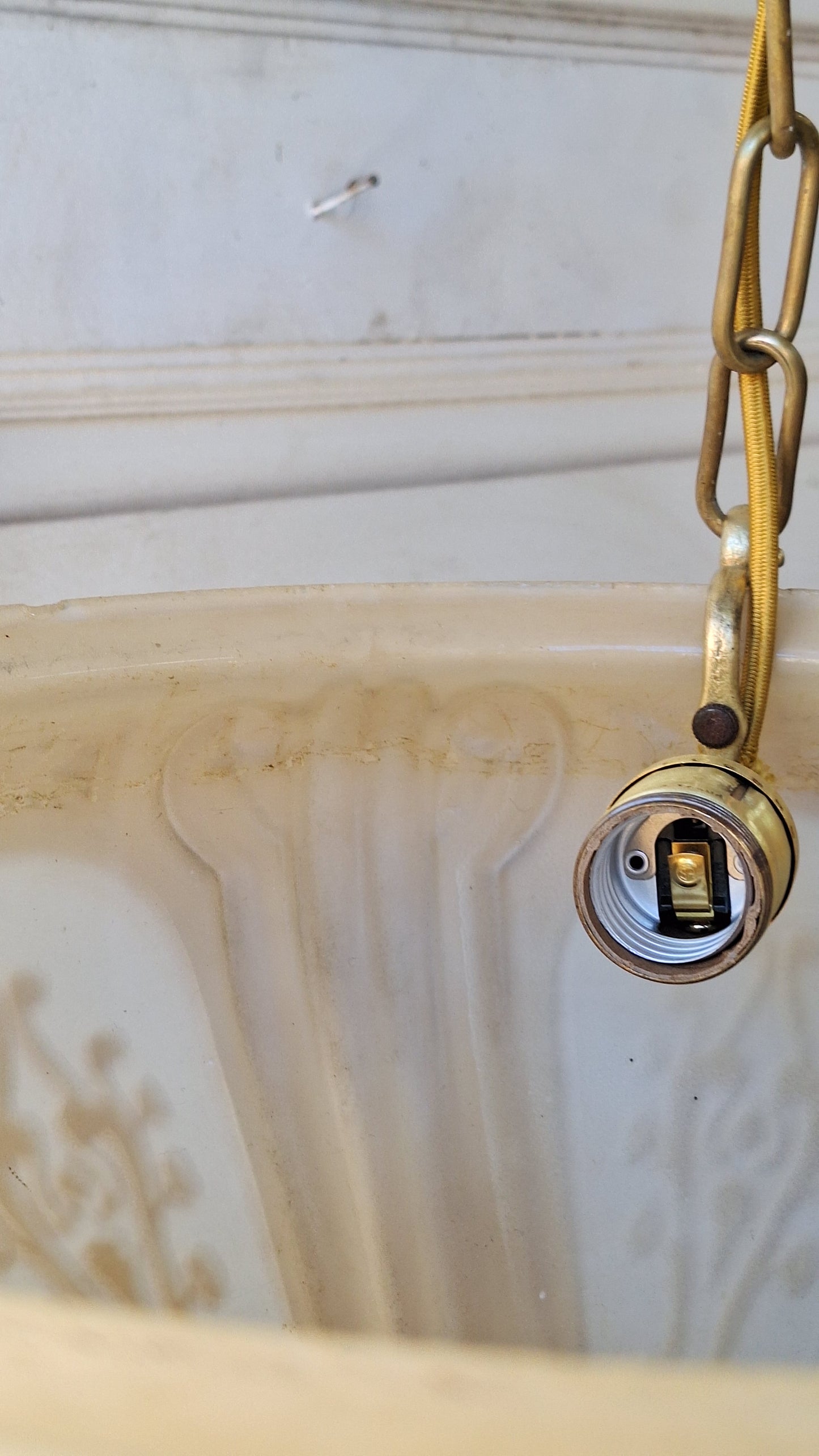 Antique Molded Glass Bowl Chandelier, Bronze and Glass Large Hanging Light