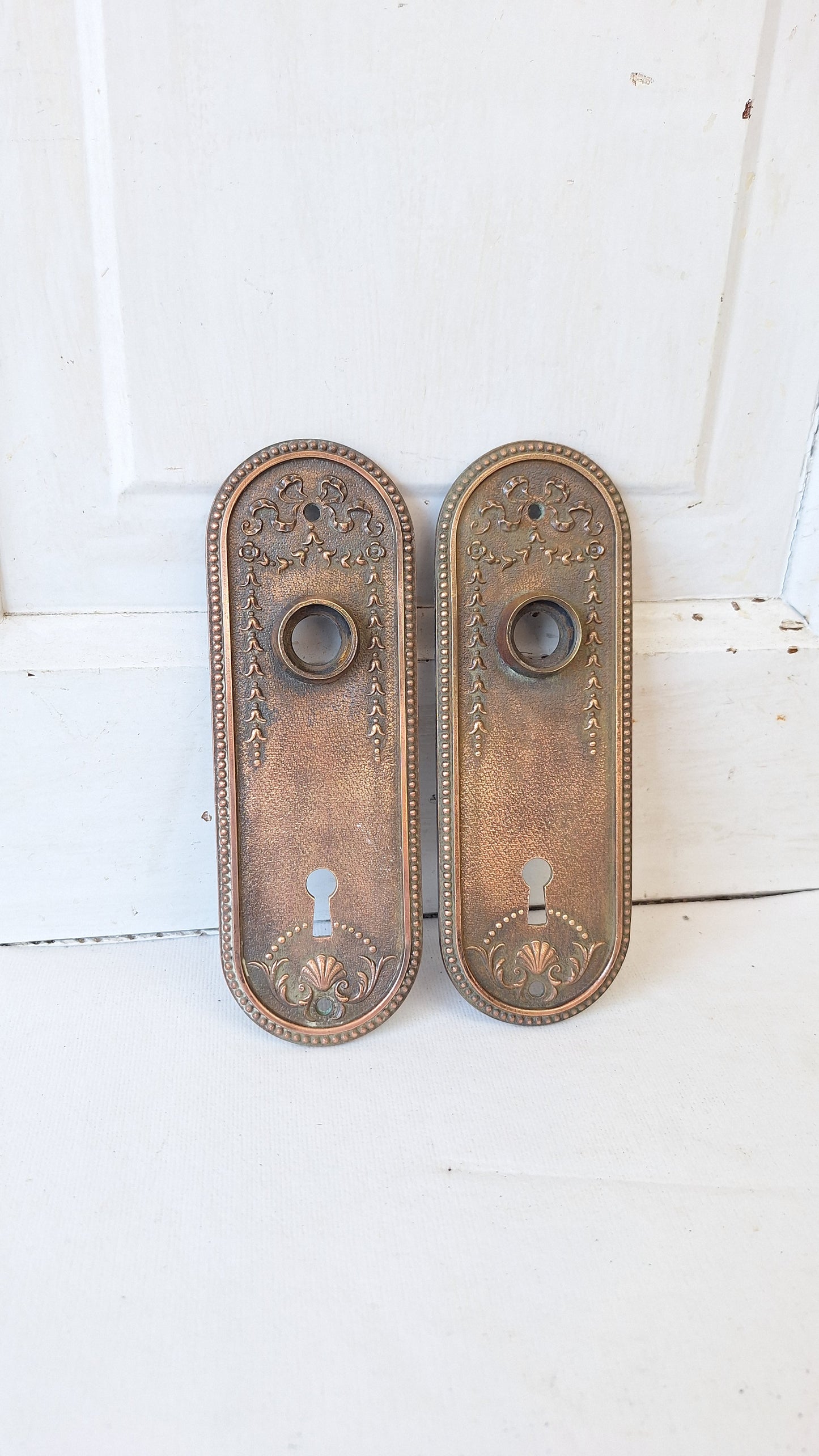 Ornate Solid Bronze Seashell Antique Backplates, Set of Door Hardware