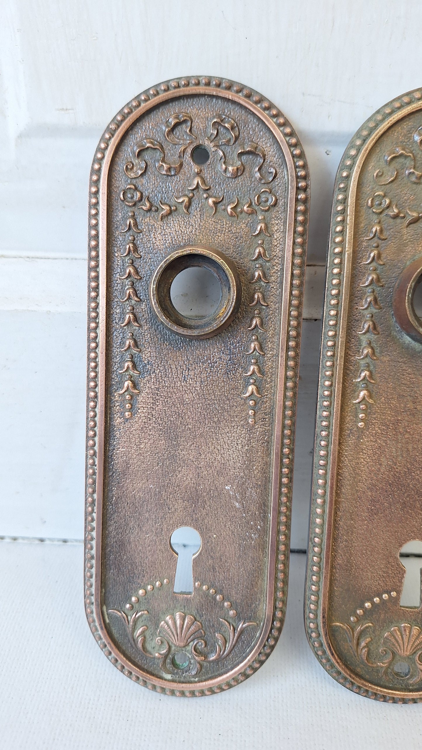 Ornate Solid Bronze Seashell Antique Backplates, Set of Door Hardware