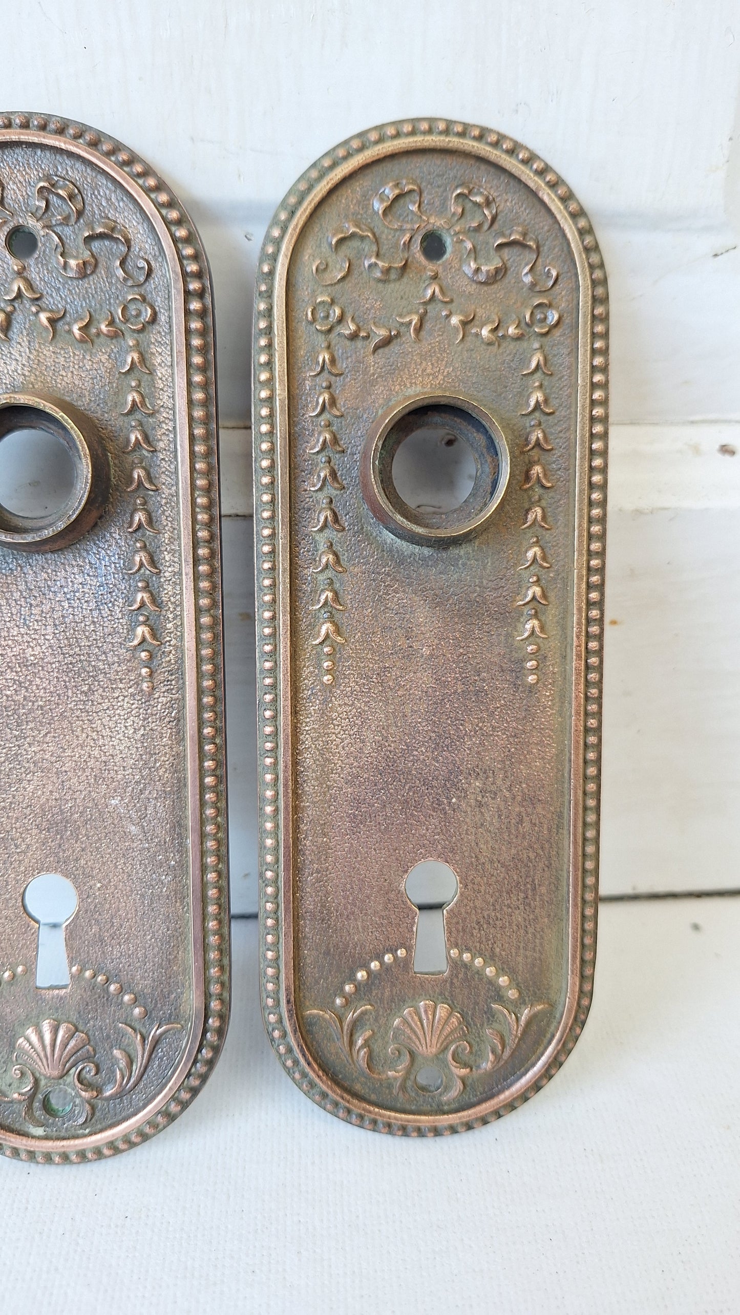 Ornate Solid Bronze Seashell Antique Backplates, Set of Door Hardware