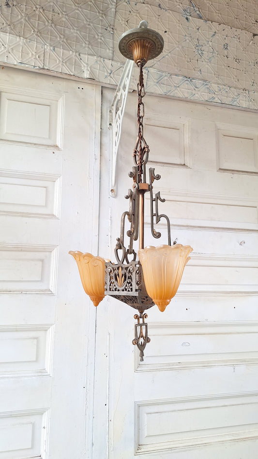 Three Shade Art Deco Era Slip Shade Chandelier, Vintage Glass Shell Ceiling Light