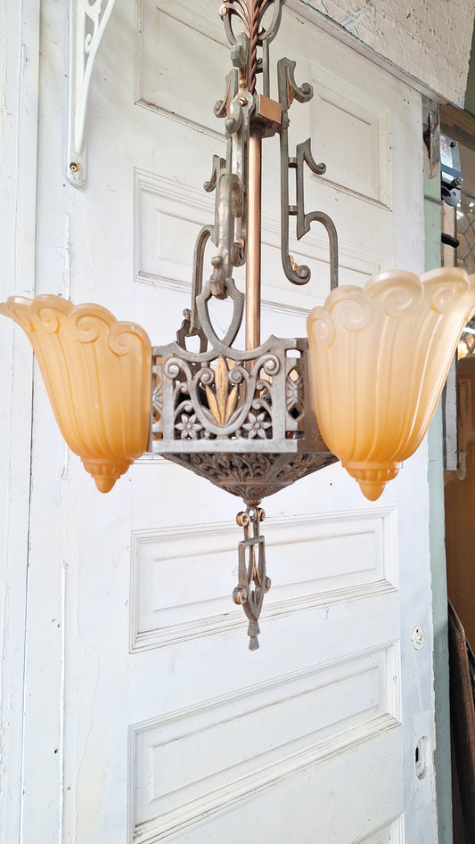 Three Shade Art Deco Era Slip Shade Chandelier, Vintage Glass Shell Ceiling Light