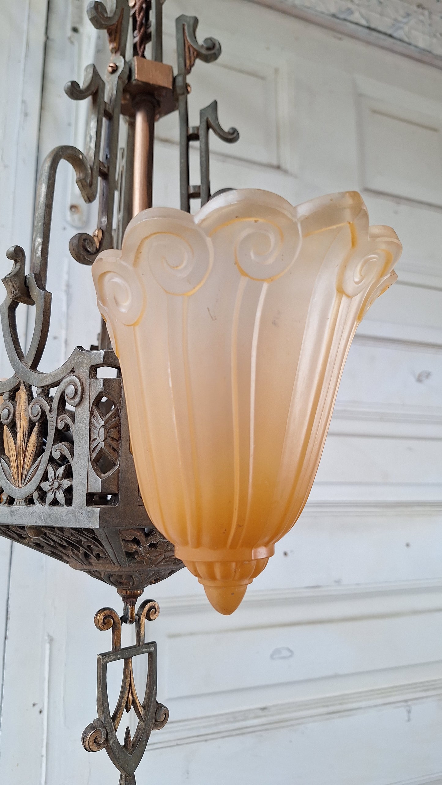 Three Shade Art Deco Era Slip Shade Chandelier, Vintage Glass Shell Ceiling Light