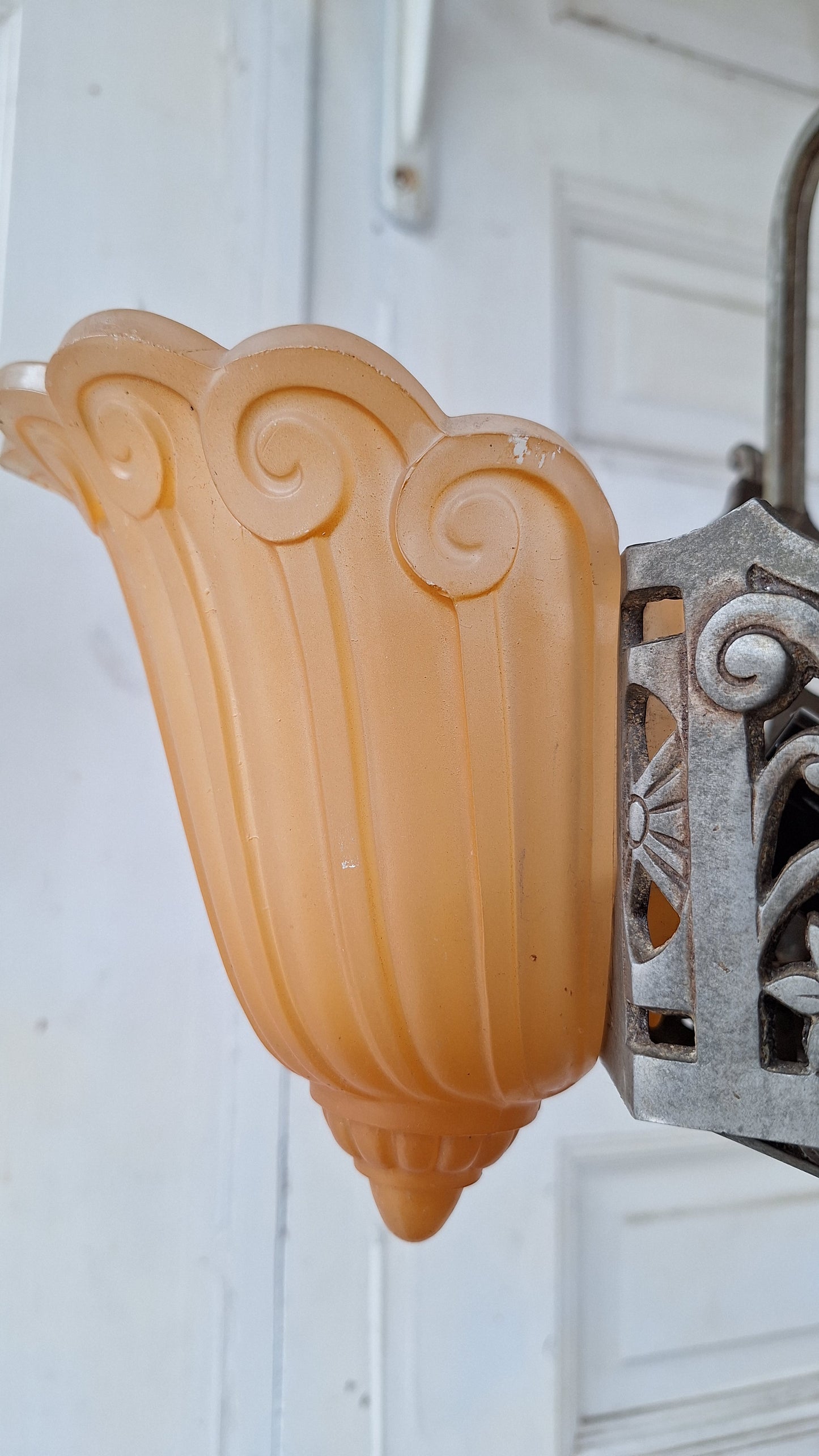 Three Shade Art Deco Era Slip Shade Chandelier, Vintage Glass Shell Ceiling Light