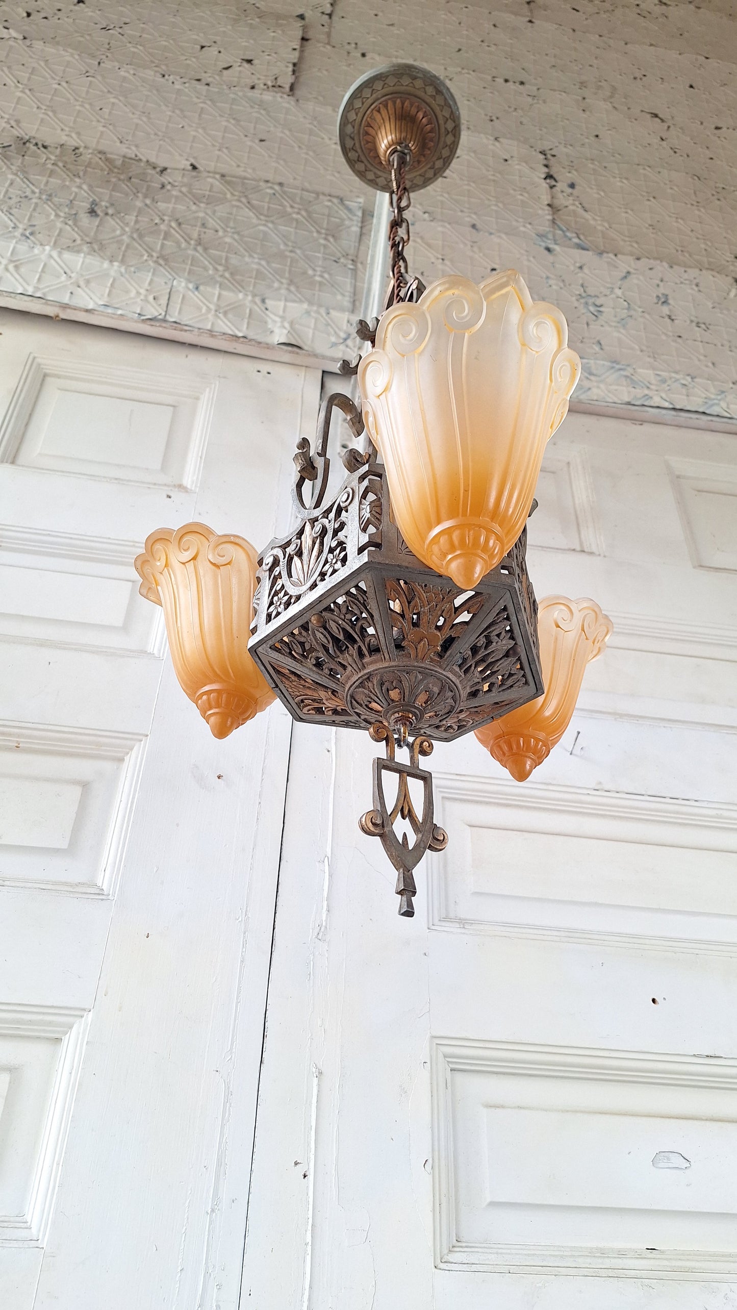 Three Shade Art Deco Era Slip Shade Chandelier, Vintage Glass Shell Ceiling Light