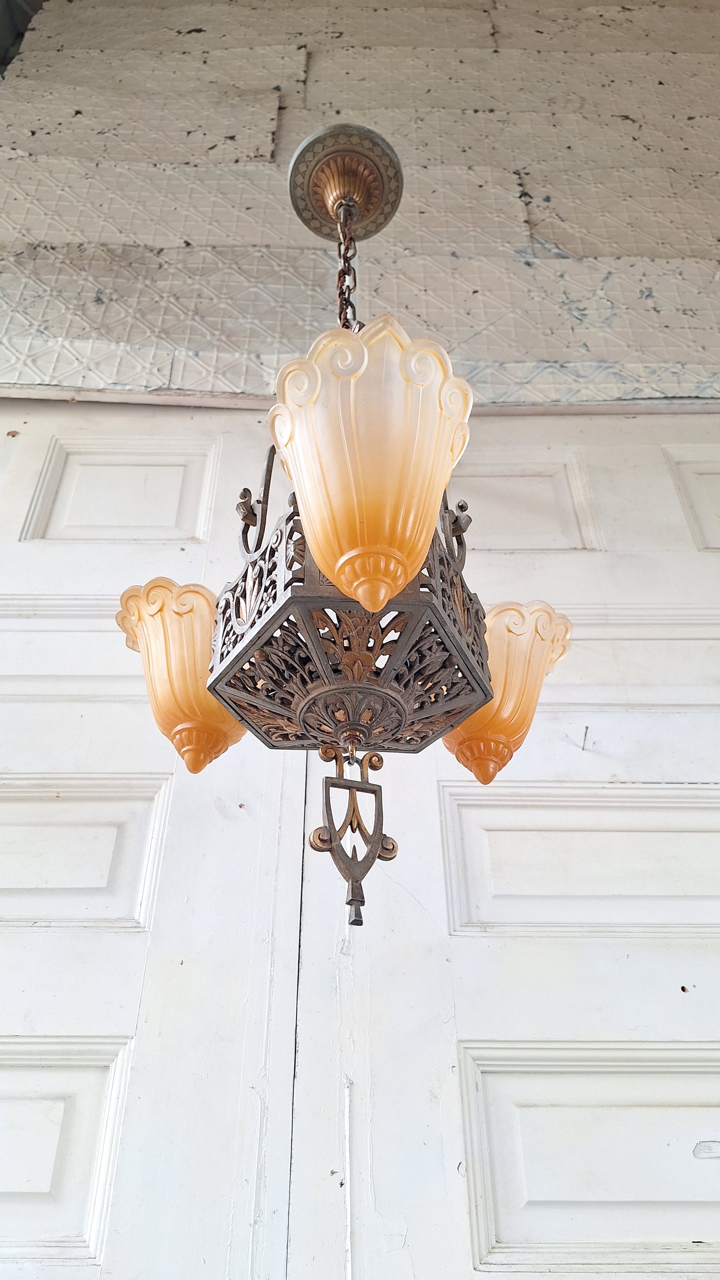 Three Shade Art Deco Era Slip Shade Chandelier, Vintage Glass Shell Ceiling Light