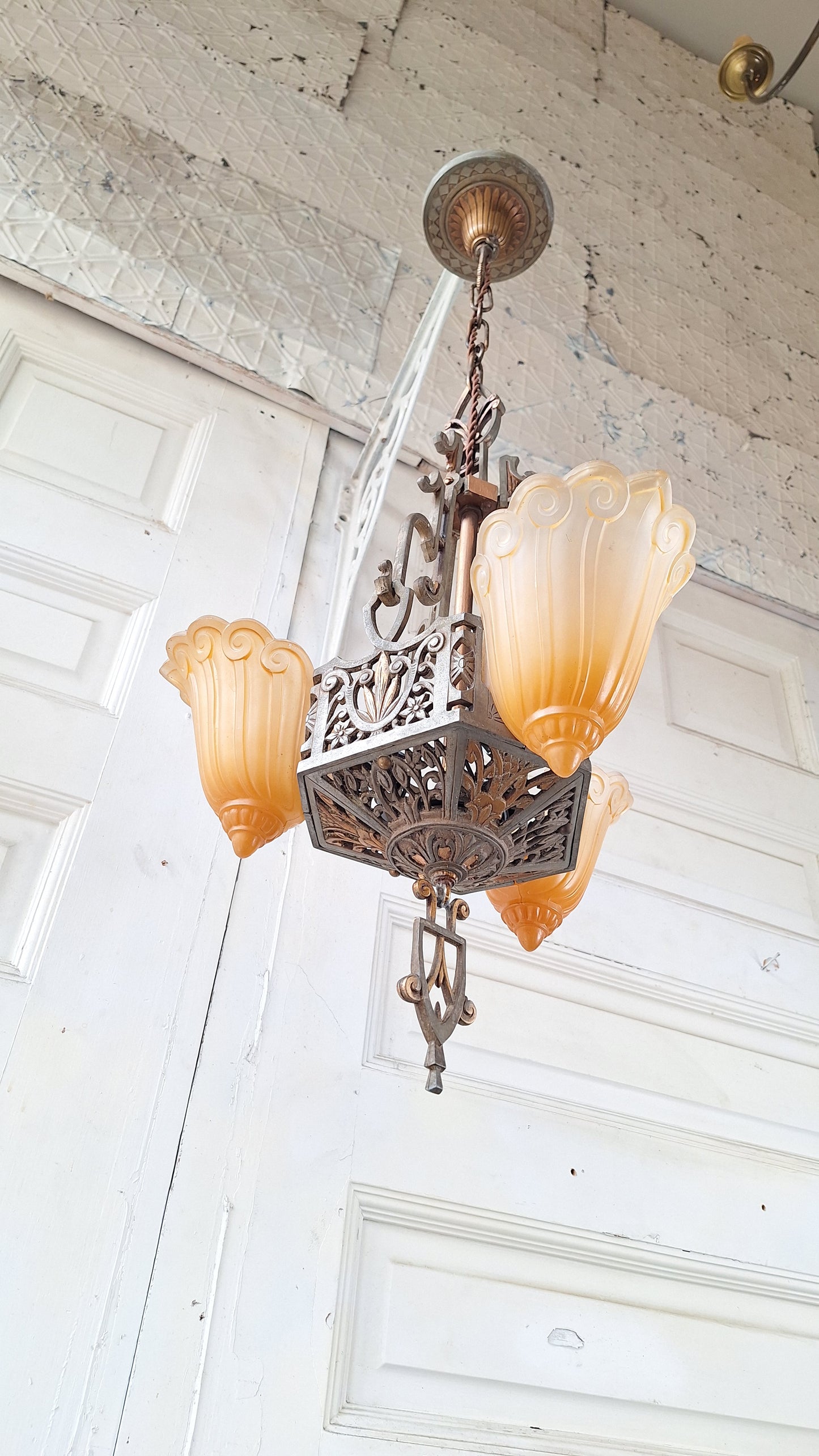 Three Shade Art Deco Era Slip Shade Chandelier, Vintage Glass Shell Ceiling Light