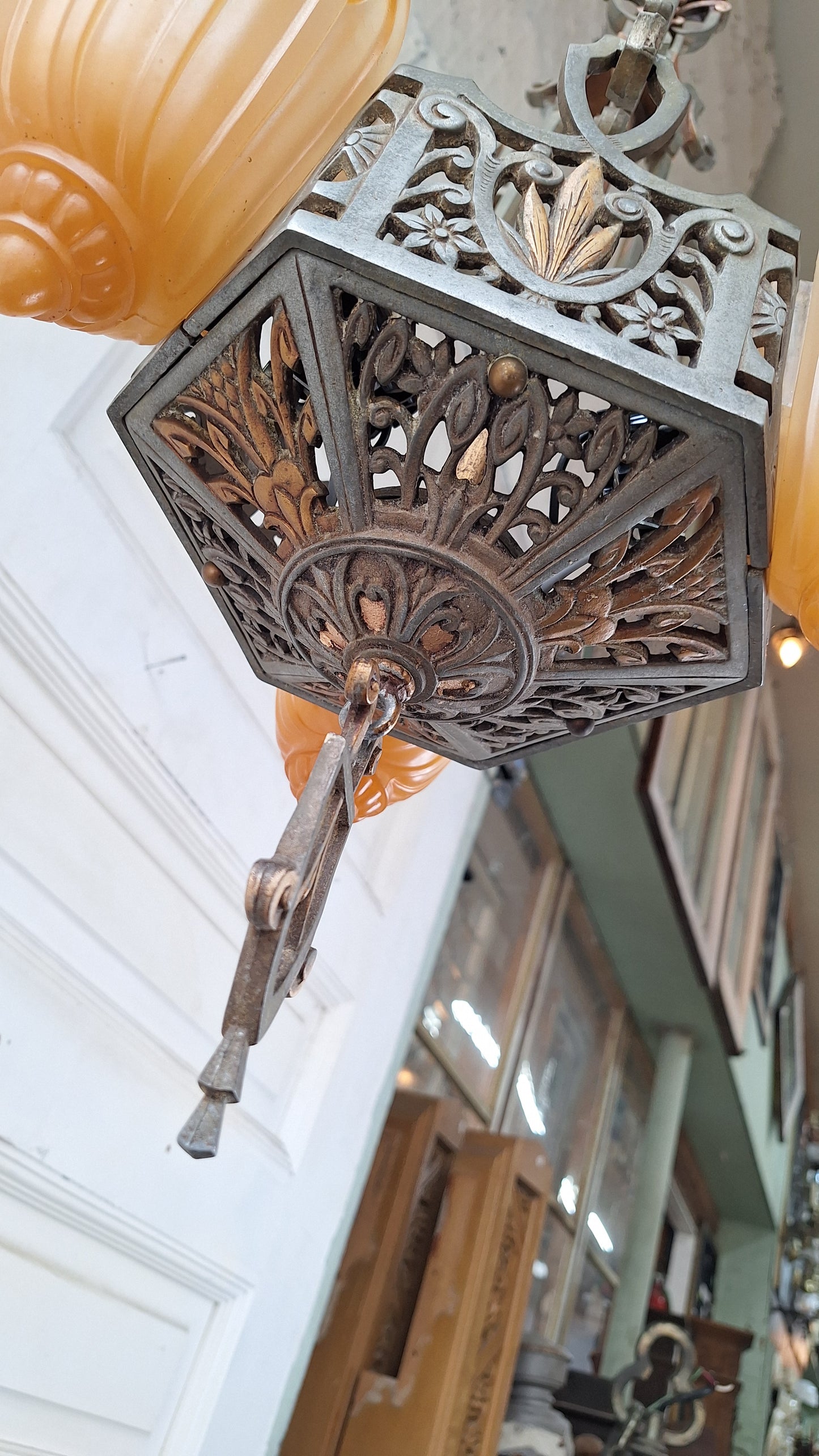 Three Shade Art Deco Era Slip Shade Chandelier, Vintage Glass Shell Ceiling Light