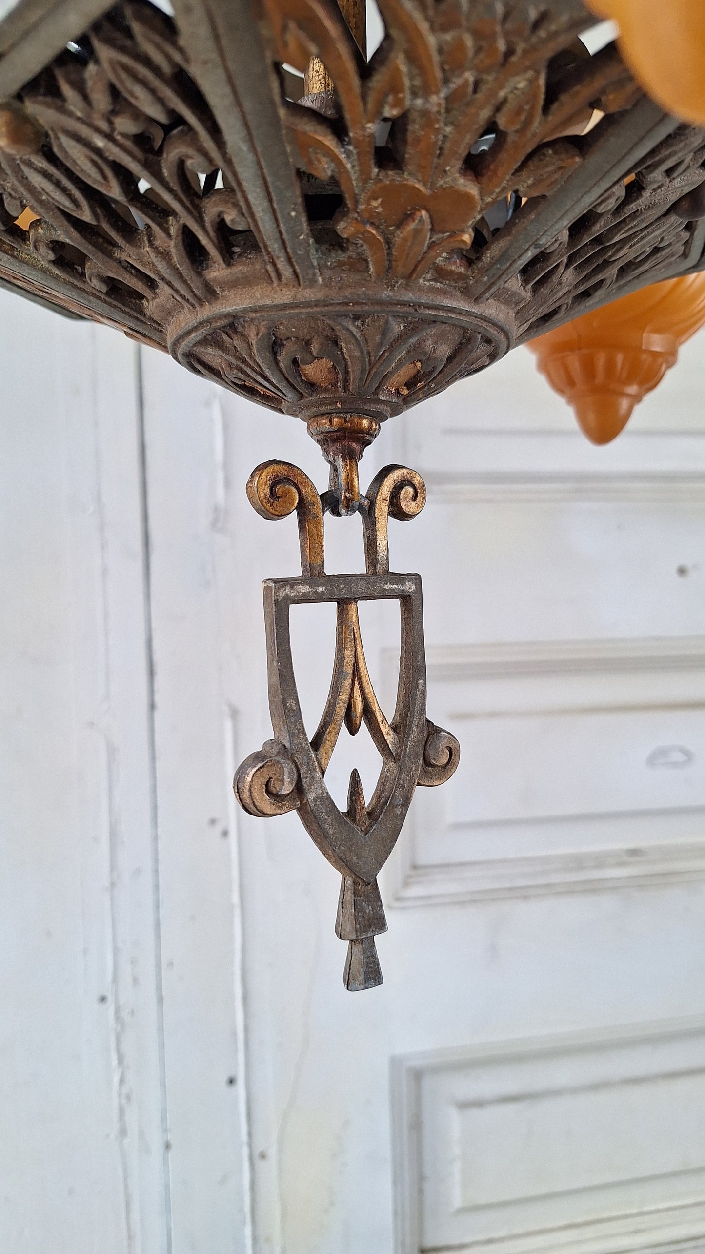 Three Shade Art Deco Era Slip Shade Chandelier, Vintage Glass Shell Ceiling Light